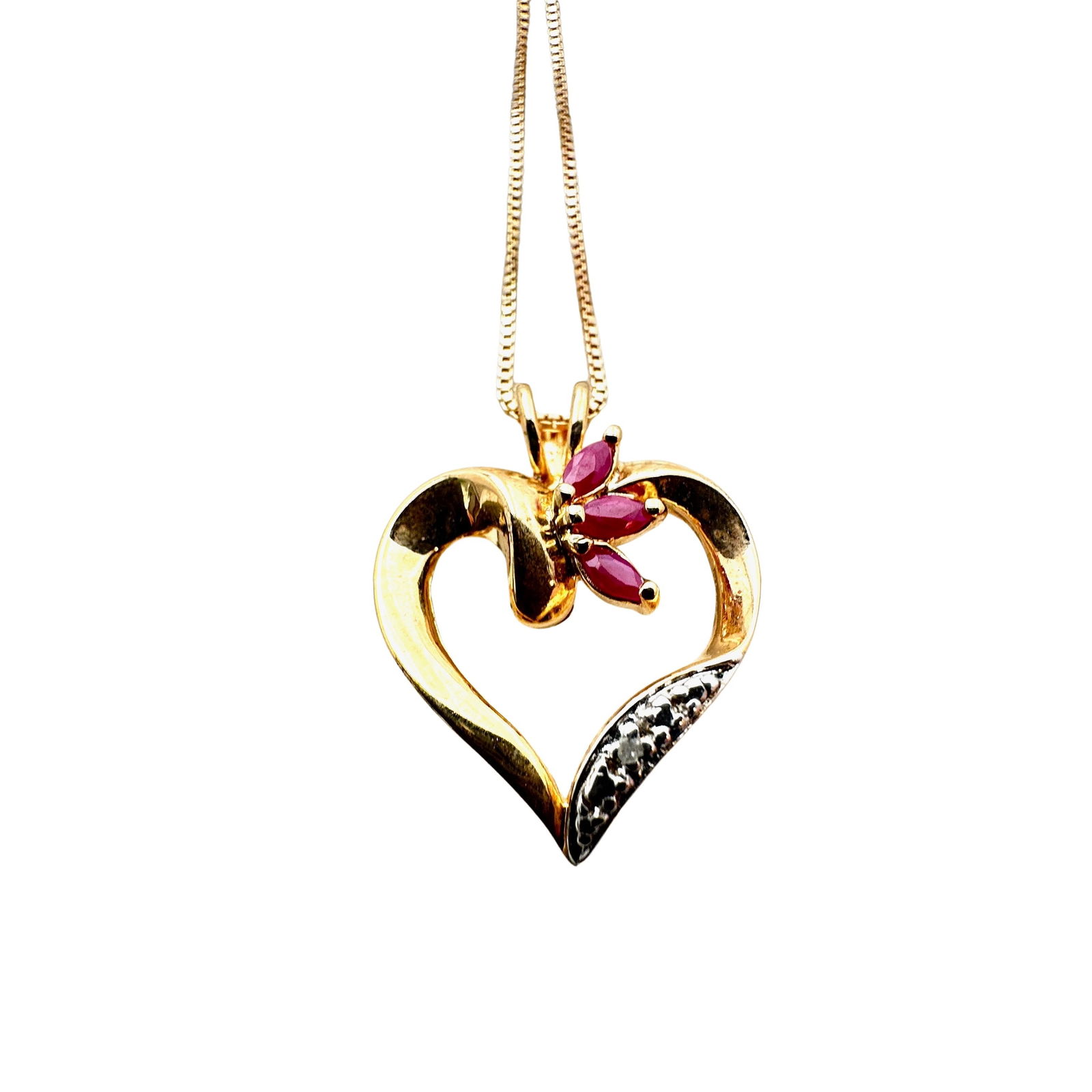 Vintage Ruby Diamond Heart Pendant Gold Over Sterling Silver Necklace 17 Inch Chain (1 of 2)