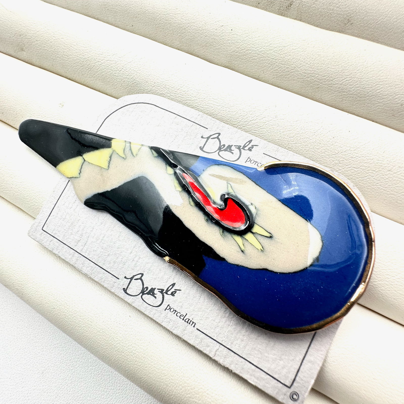 Curtis and Suzan Benzle Hand Painted Enamel 22K Gold Accents Brooch Pin Original Card: Curtis and Suzan Benzle Hand Painted Enamel 22K Gold Accents Brooch Pin Original Card