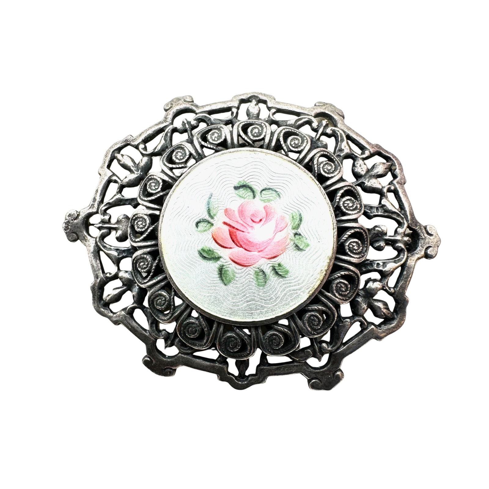 Vintage Guilloche Enamel Rose Sterling Silver Filigree Brooch Pin 1.75 Inch: Vintage Guilloche Enamel Rose Sterling Silver Filigree Brooch Pin 1.75 Inch