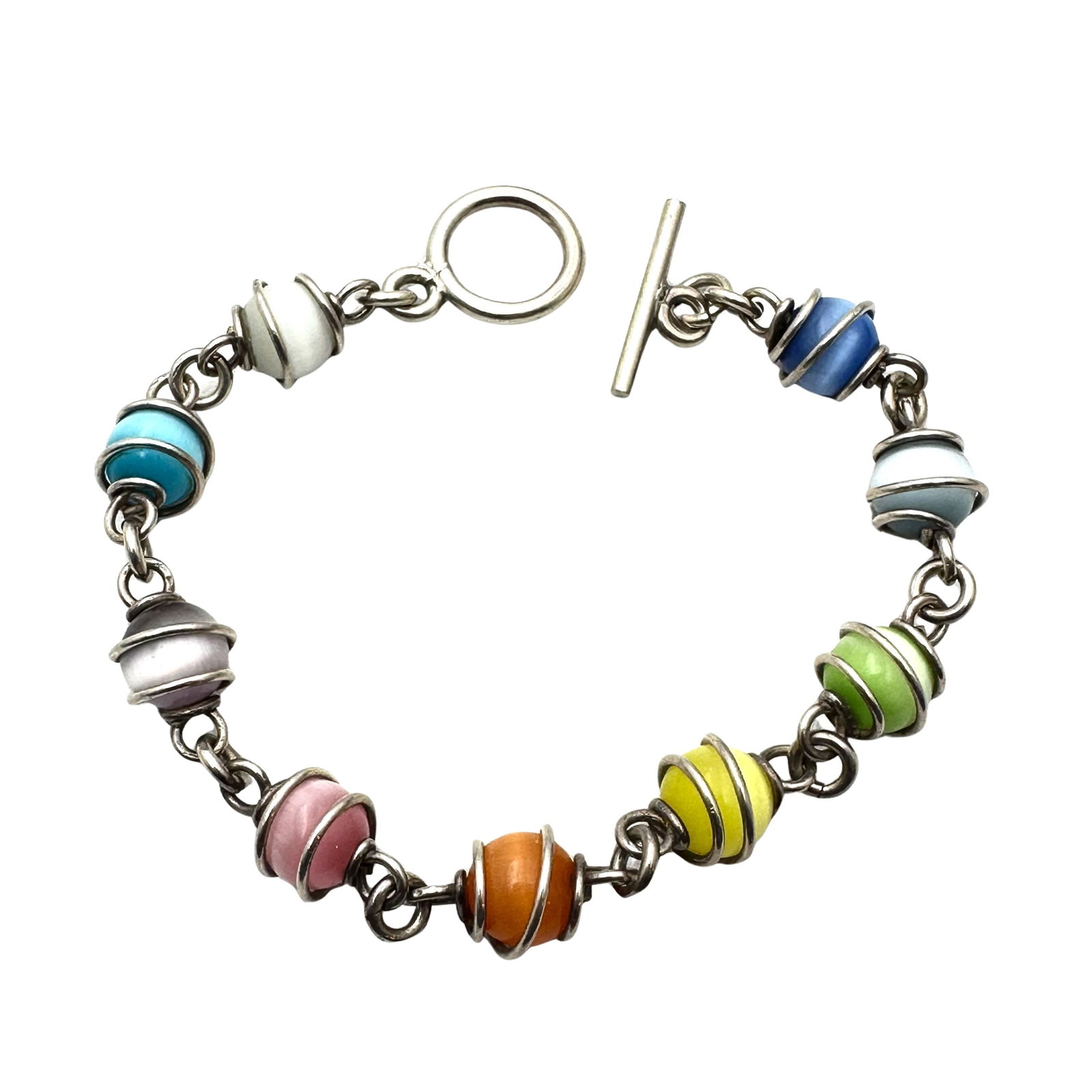 Multicolor Cats Eye Sterling Silver Toggle Bracelet 7 Inch (1 of 2)