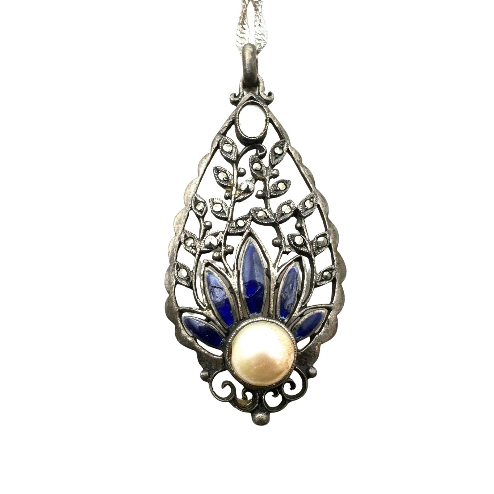 Vintage Blue Enamel Marcasite Pearl 2 Inch Pendant Sterling Silver Necklace 22 Inch Chain: Vintage Blue Enamel Marcasite Pearl 2 Inch Pendant Sterling Silver Necklace 22 Inch Chain