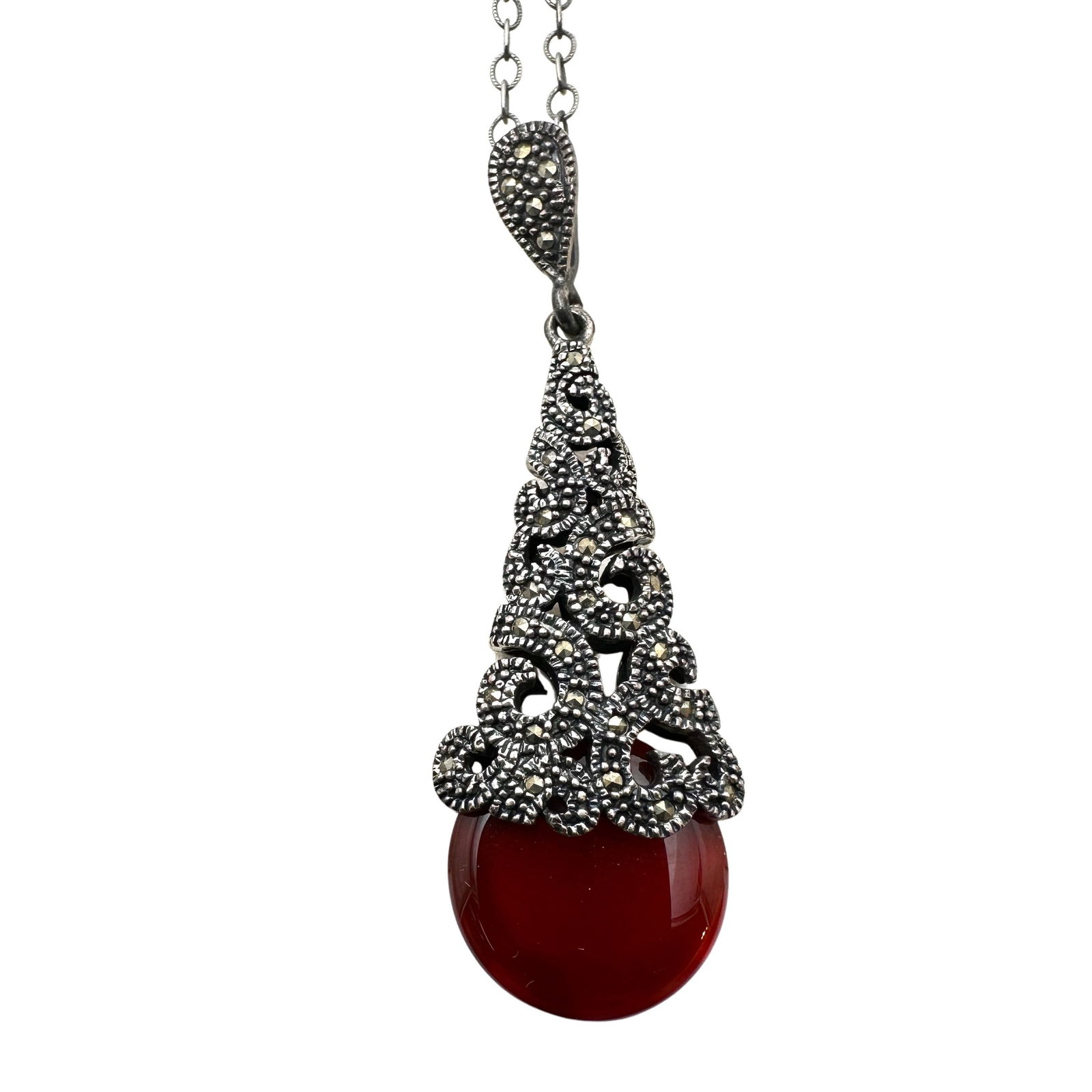 Vintage Carnelian Marcasite Pendant Sterling Silver Necklace 16 Inch Chain 2 Inch Pendant: Vintage Carnelian Marcasite Pendant Sterling Silver Necklace 16 Inch Chain 2 Inch Pendant