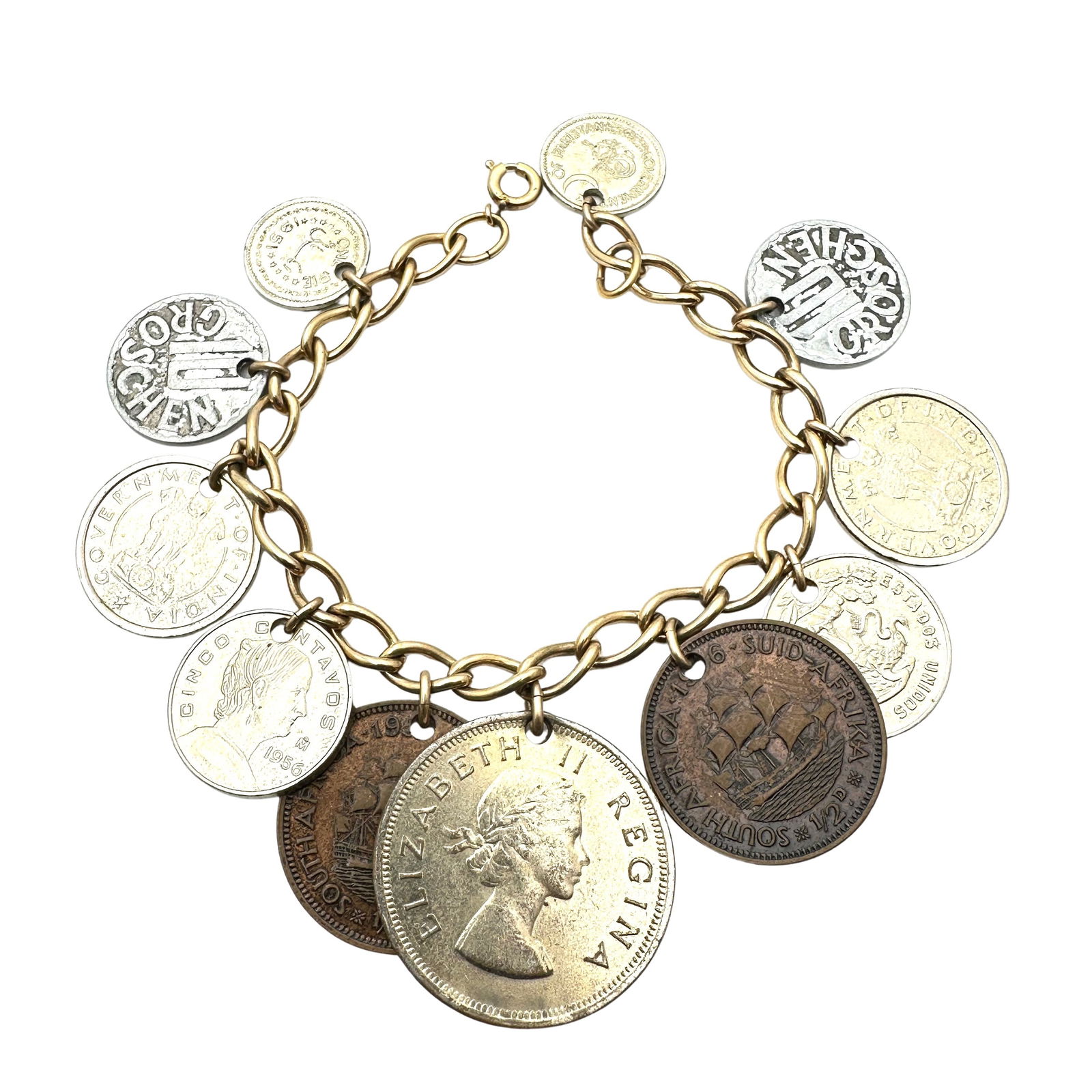 Vintage Mixed Metals Coin Charm Bracelet 7 Inch Weight 48 Grams (1 of 2)