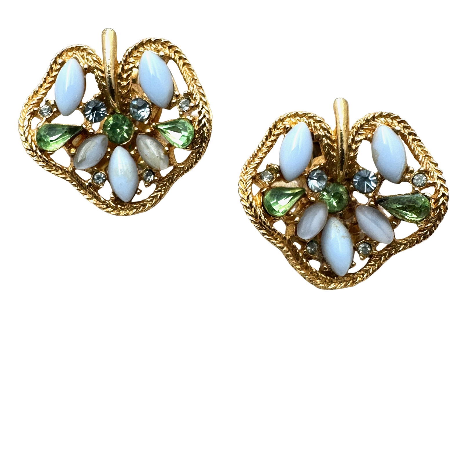 Vintage Blue Milk Glass And Green Rhinestone Gold Tone Clip Earrings Unique Design: Vintage Blue Milk Glass And Green Rhinestone Gold Tone Clip Earrings Unique Design