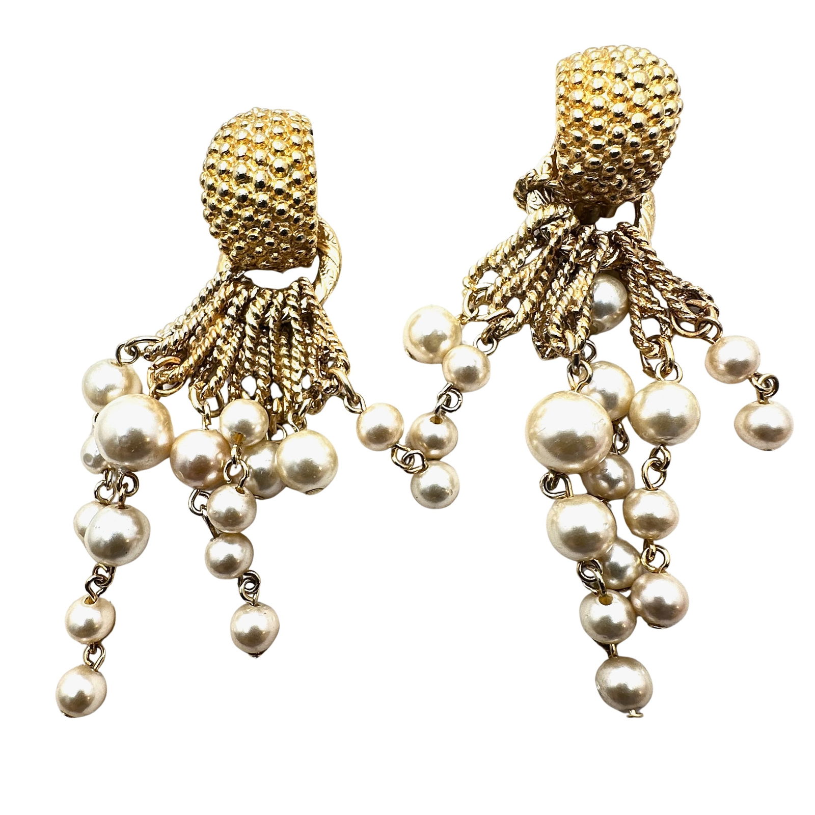Vintage 3 Inch Faux Pearl Gold Tone Statement Earrings Clip (1 of 2)