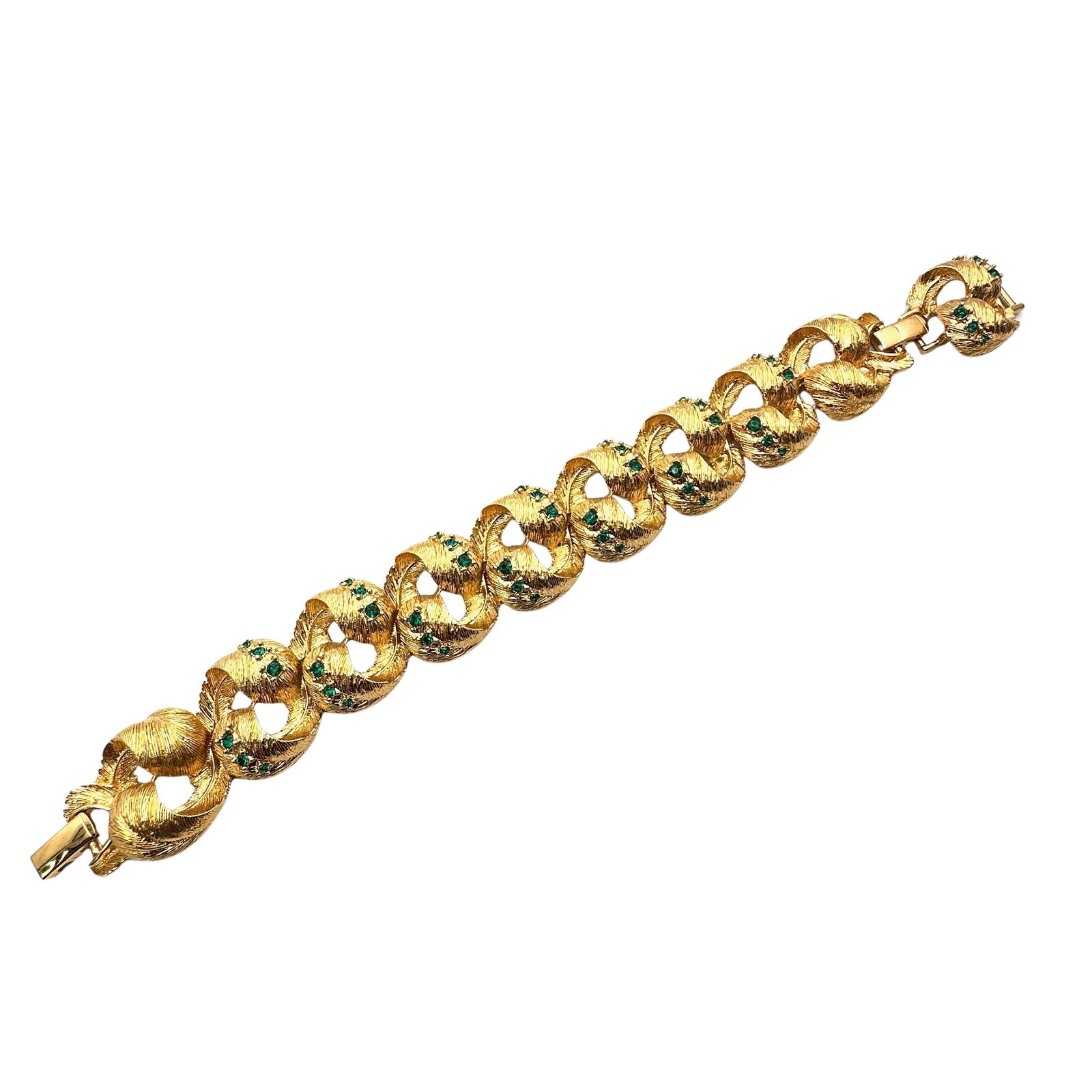 Vintage Unsigned Green Rhinestone Gold Tone Statement Bracelet 8 Inch Length Removeable Extender (1 of 2)