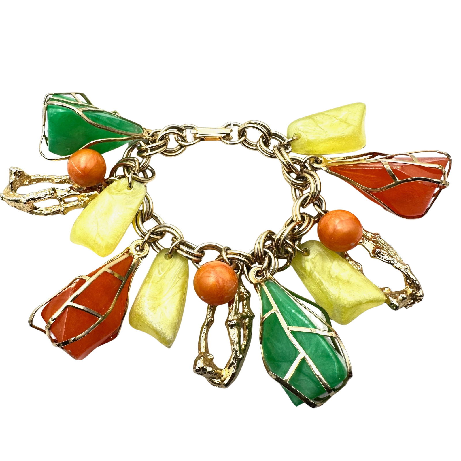 Vintage 1960s Era Orange Yellow Green Lucite Gold Tone Charm Bracelet 7 Inch (1 of 2)