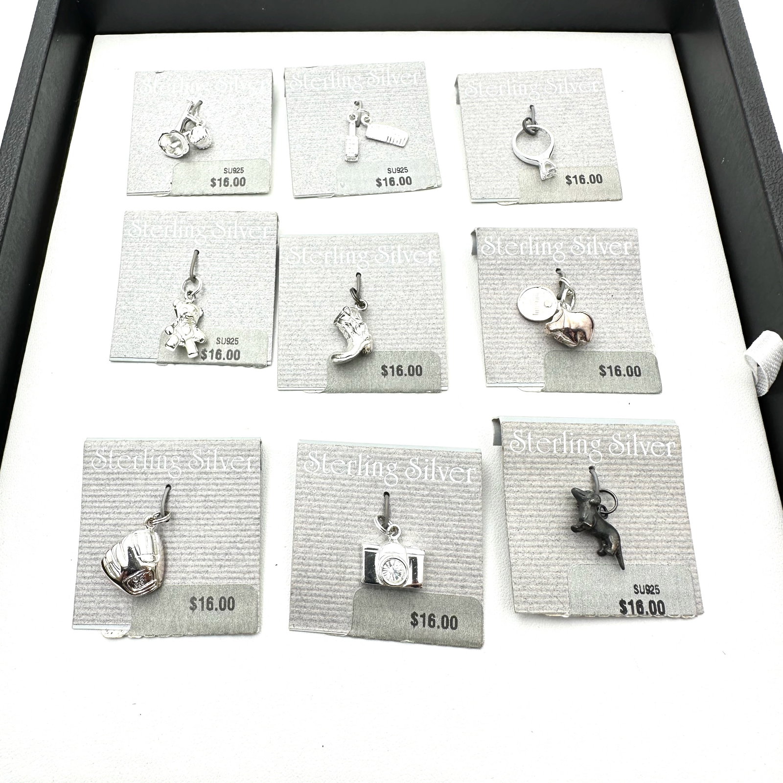 Vintage Group of Sterling Silver Charms On Original Cards Dog Cowboy Boot Ring And More: Vintage Group of Sterling Silver Charms On Original Cards Dog Cowboy Boot Ring And More