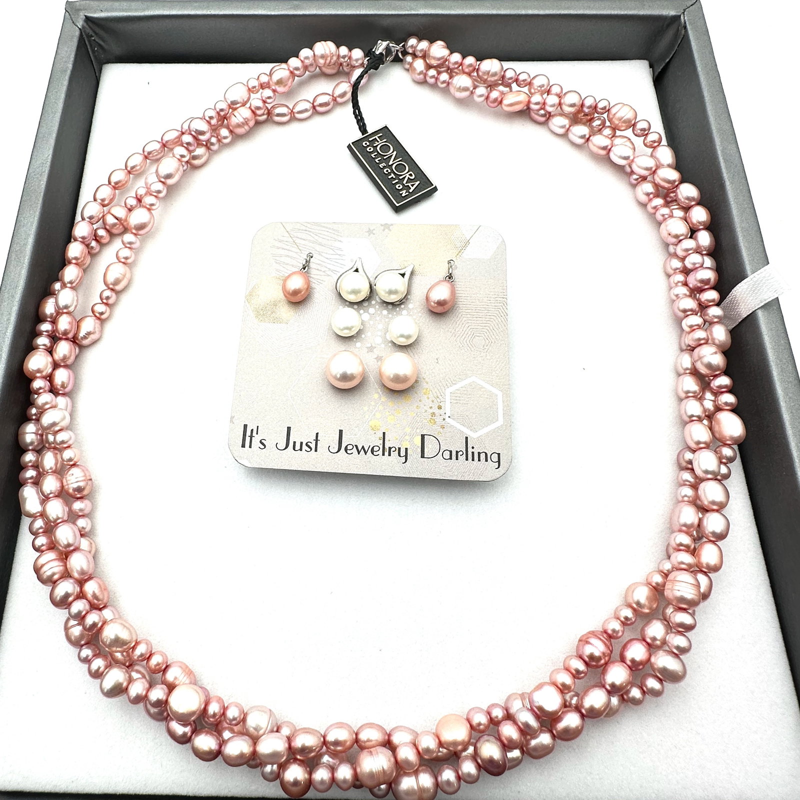 Honora Sterling Silver Pink Pearl Necklace 3 Strand 20 Inch Matching Pierced Stud Earrings: Honora Sterling Silver Pink Pearl Necklace 3 Strand 20 Inch Matching Pierced Stud Earrings
