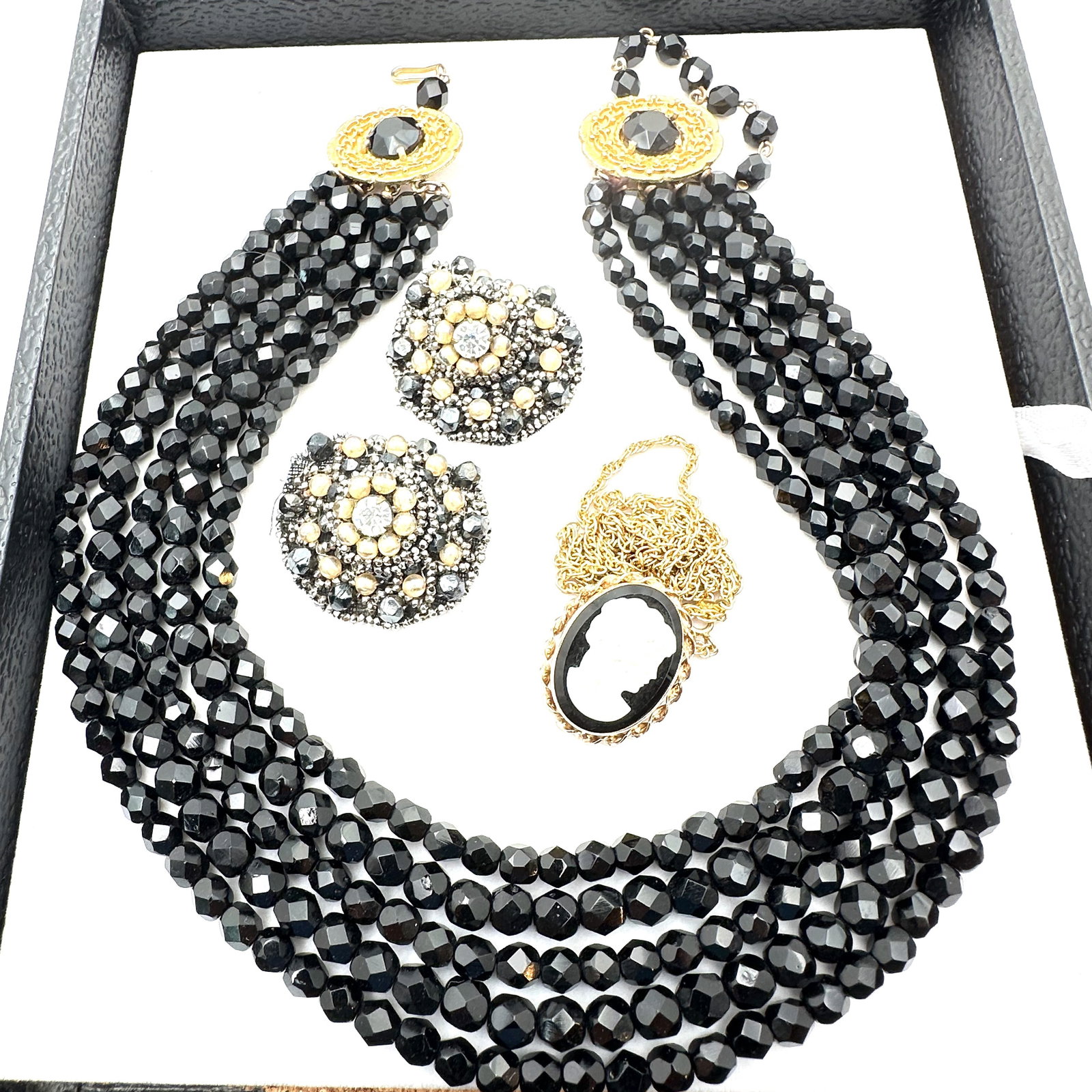 Vintage Group Black Gold Jewelry 4 Strand Glass Necklace Cameo Pendant Cut Steel Clip Earrings: Vintage Group Black Gold Jewelry 4 Strand Glass Necklace Cameo Pendant Cut Steel Clip Earrings