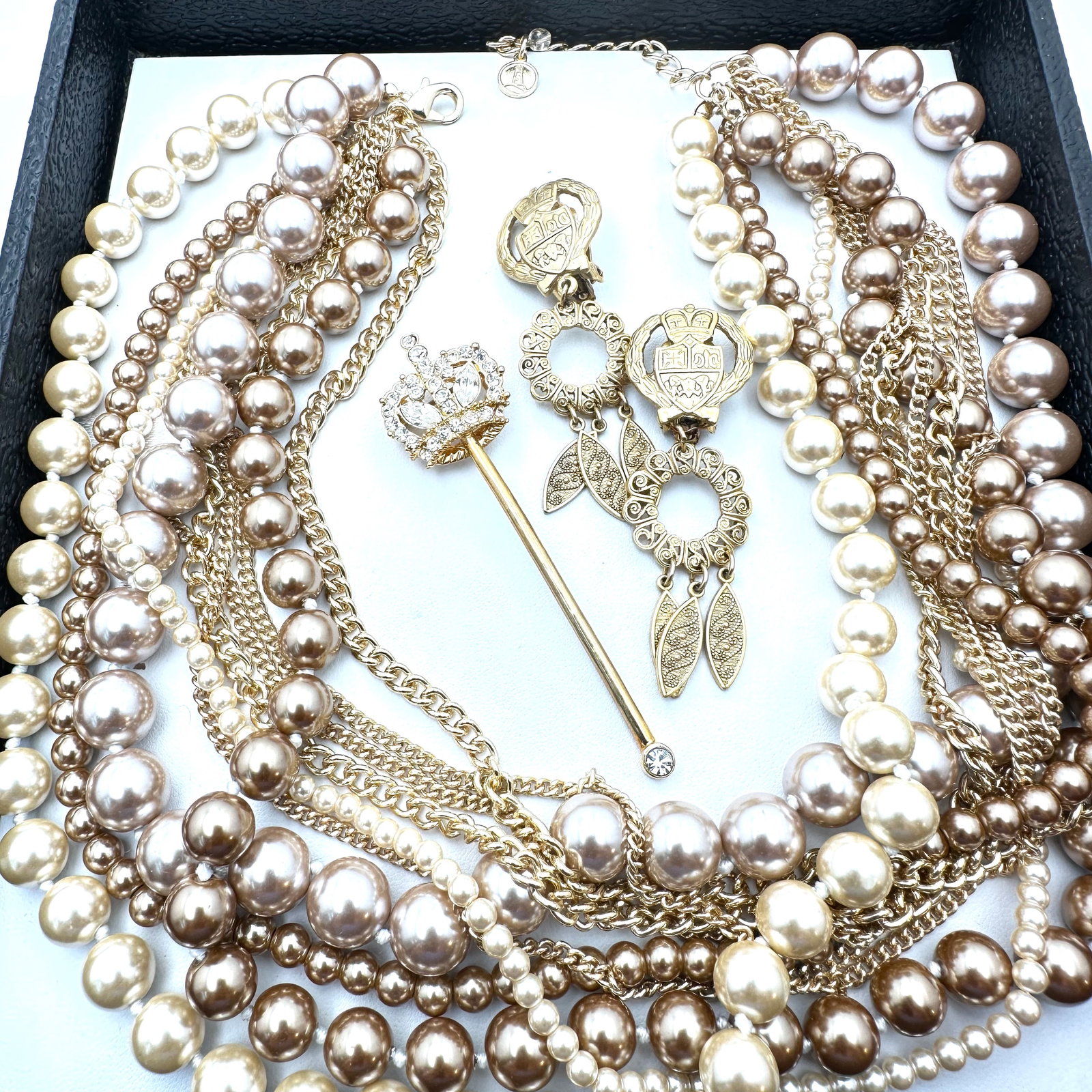 Vintage Jewelry Group Multi Strand Faux Pearl Necklace Matte Gold Tone Clip Crest Earrings Crown: Vintage Jewelry Group Multi Strand Faux Pearl Necklace Matte Gold Tone Clip Crest Earrings Crown Brooch