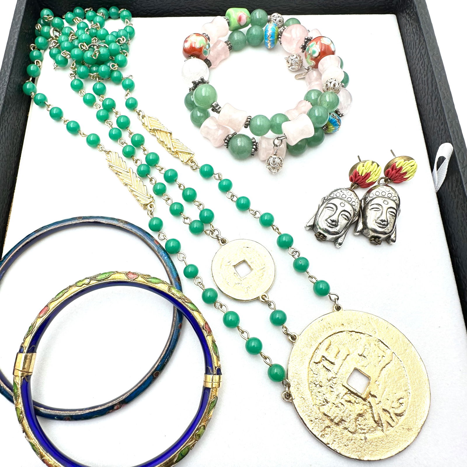 Vintage Jewelry Group Asian Style Pendant Necklace Cloisonne Bangles Gemstone Coil Bracelet Earrings: Vintage Jewelry Group Asian Style Pendant Necklace Cloisonne Bangles Gemstone Coil Bracelet Earrings
