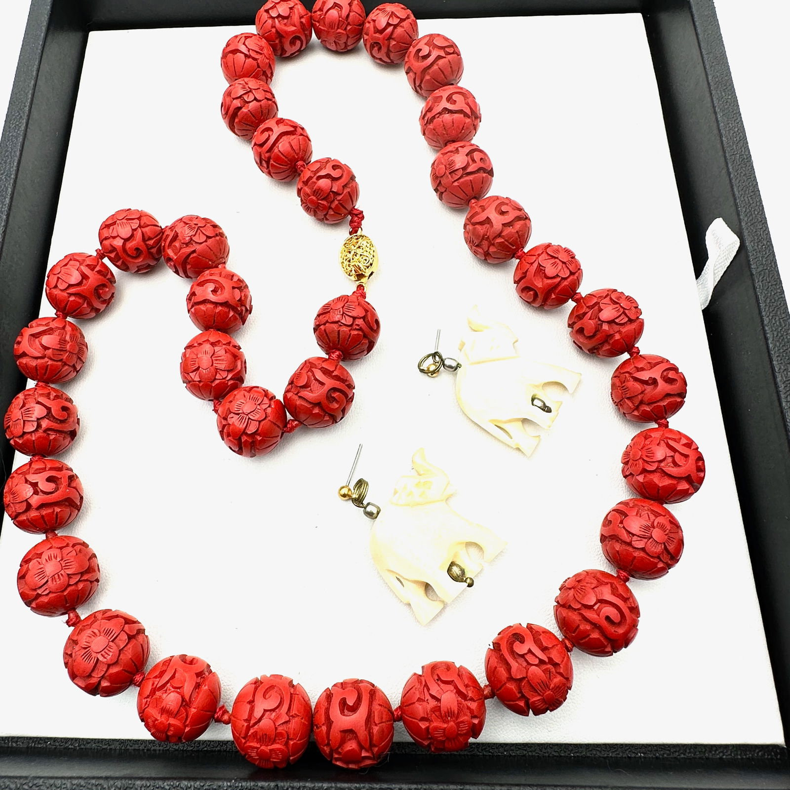Vintage Cinnabar Necklace 22 Inch Gold Vermeil Clasp Carved Elephant Pierced Earrings: Vintage Cinnabar Necklace 22 Inch Gold Vermeil Clasp Carved Elephant Pierced Earrings