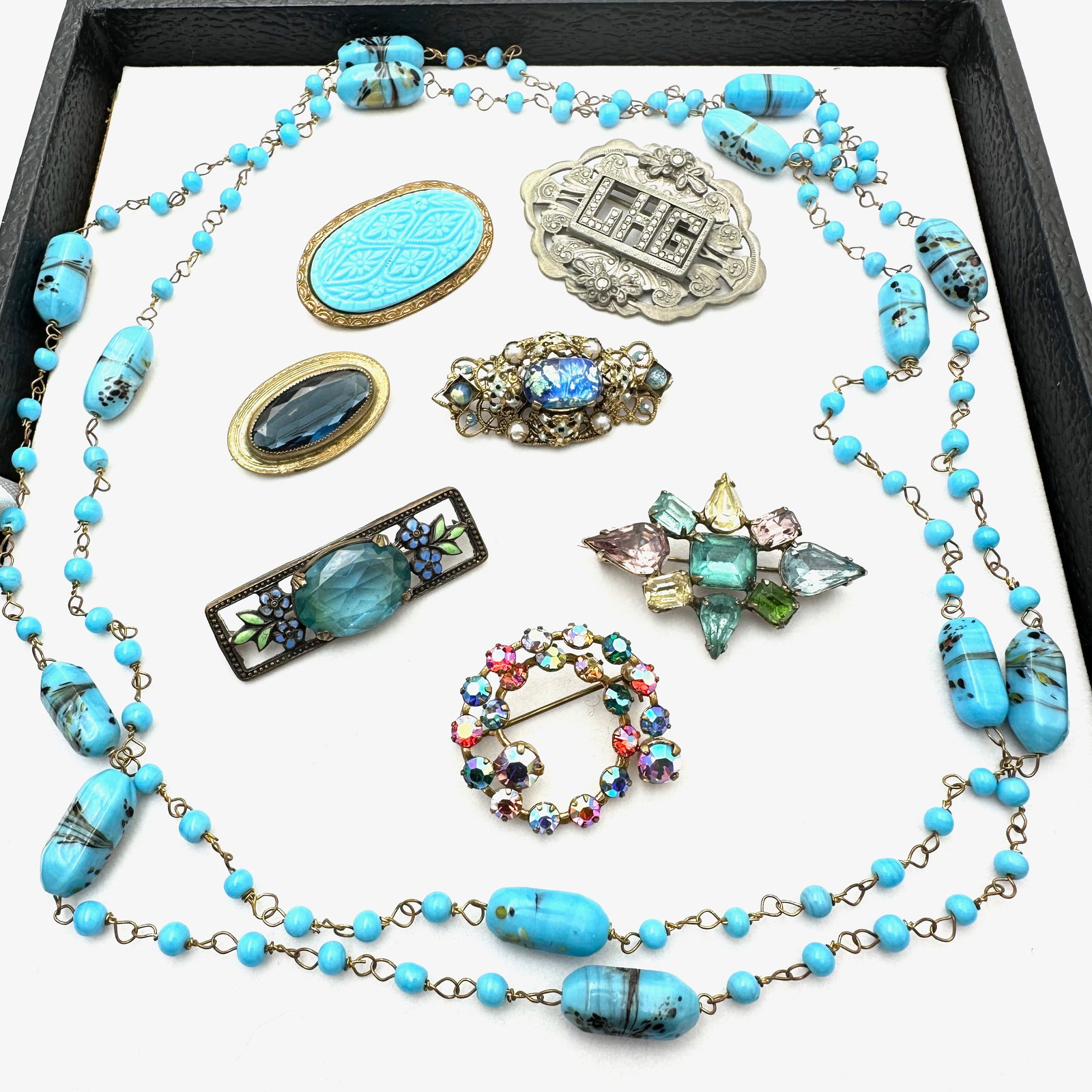 Vintage Blue Art Glass Necklace Czech Glass Brooches in Blue Rhinestones Enamel: Vintage Blue Art Glass Necklace Czech Glass Brooches in Blue Rhinestones Enamel