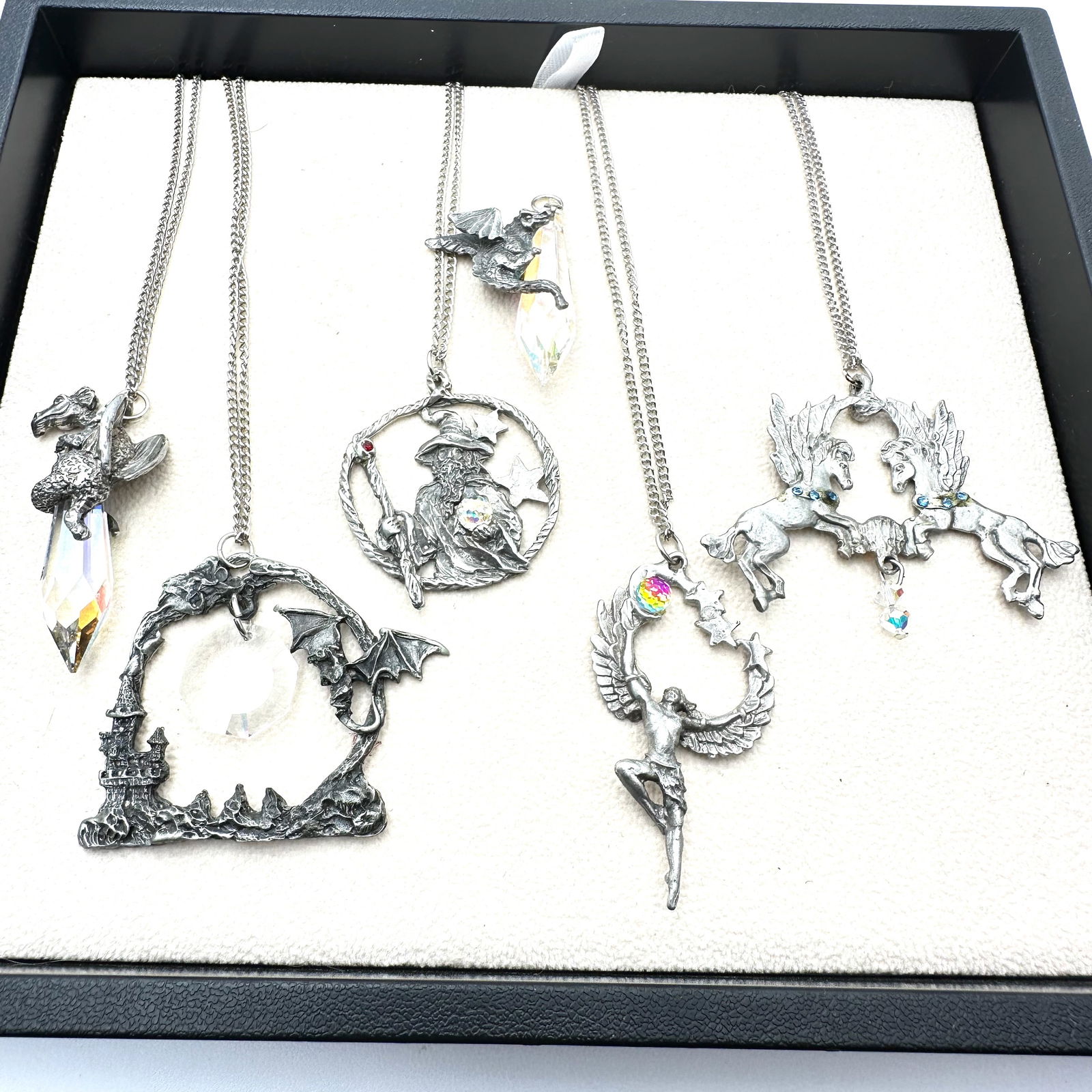 Vintage Group of Mythical Pewter Crystal Necklaces Wizard Dragon Unicorn: Vintage Group of Mythical Pewter Crystal Necklaces Wizard Dragon Unicorn
