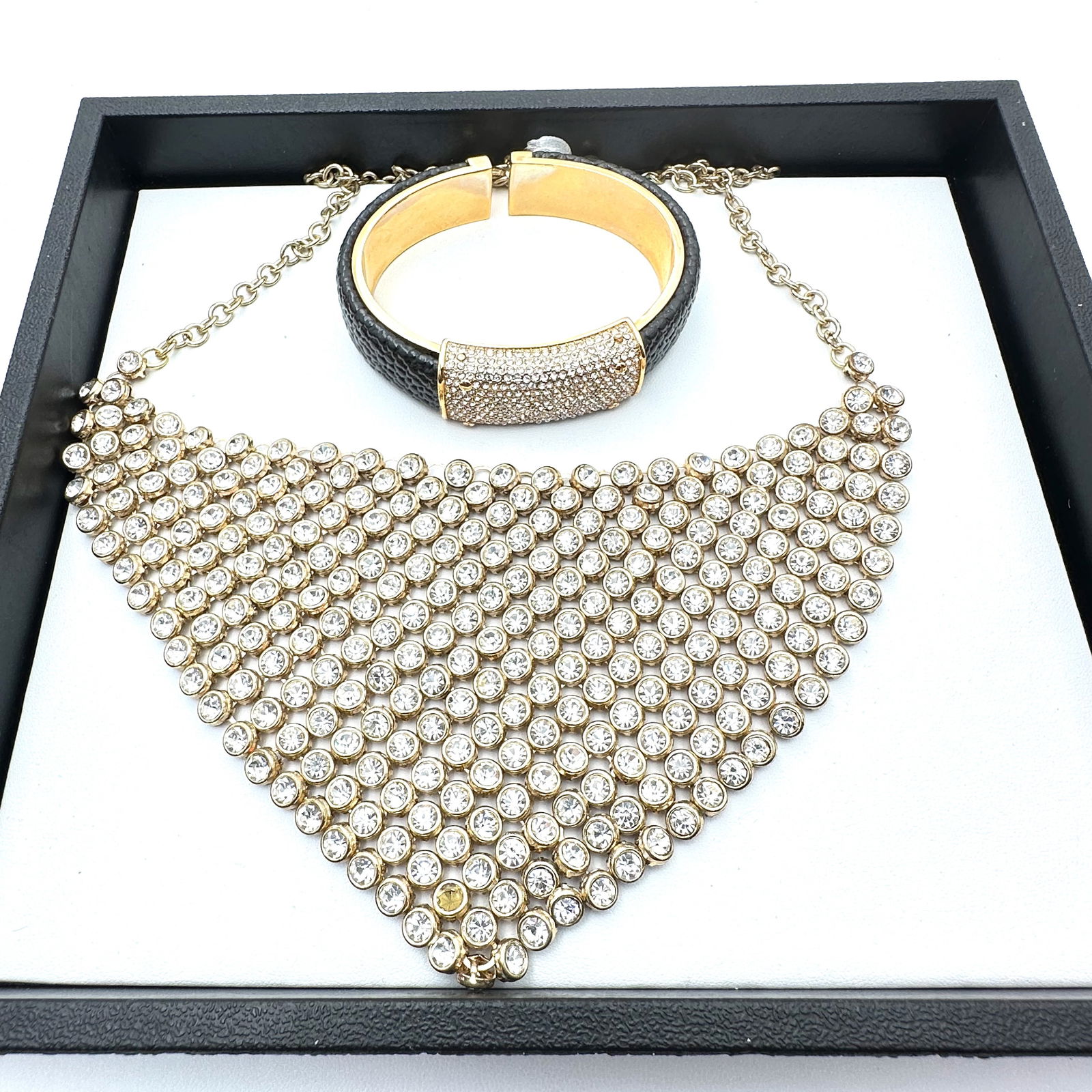 Clear Crystal Gold Tone Bib Necklace Black Leather Crystal Gold Tone Cuff Bracelet (1 of 2)