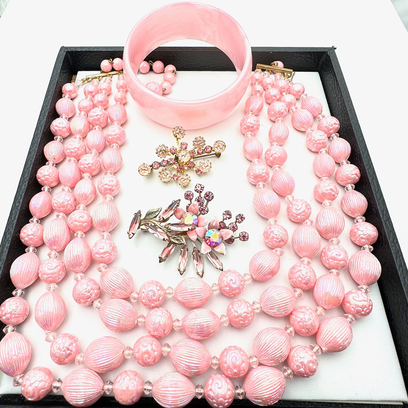 Vintage Pink Jewelry Group Four Strand Lucite Necklace Czech Glass Rhinestone Brooches Lucite Bangle: Vintage Pink Jewelry Group Four Strand Lucite Necklace Czech Glass Rhinestone Brooches Lucite Bangle