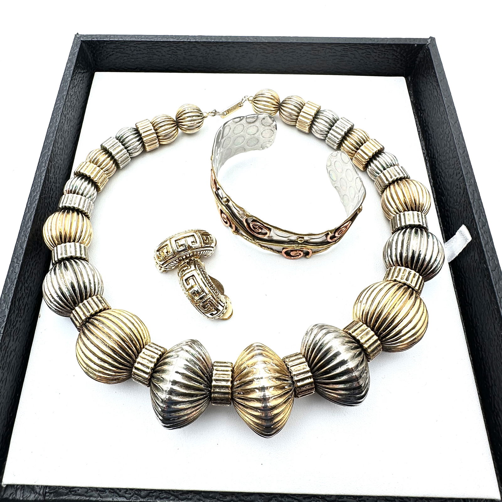 Vintage Dauplaise Statement Choker Necklace Greek Key Clip earrings Mixed Metal Artisan Cuff (1 of 2)