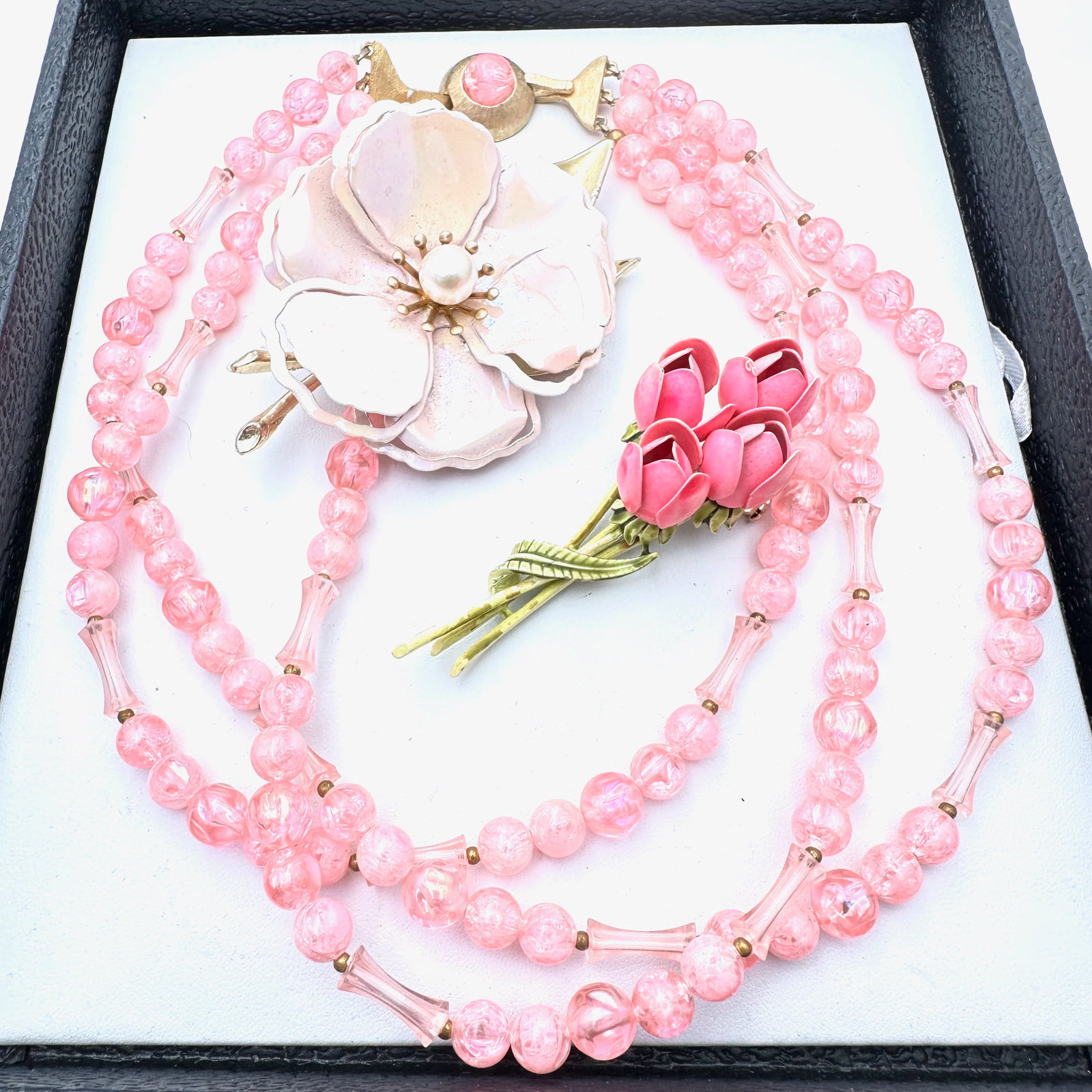 Vintage Jewelry Group Pink Retro Enamel Flower Brooches Pink Multi Strand Necklace: Vintage Jewelry Group Pink Retro Enamel Flower Brooches Pink Multi Strand Necklace