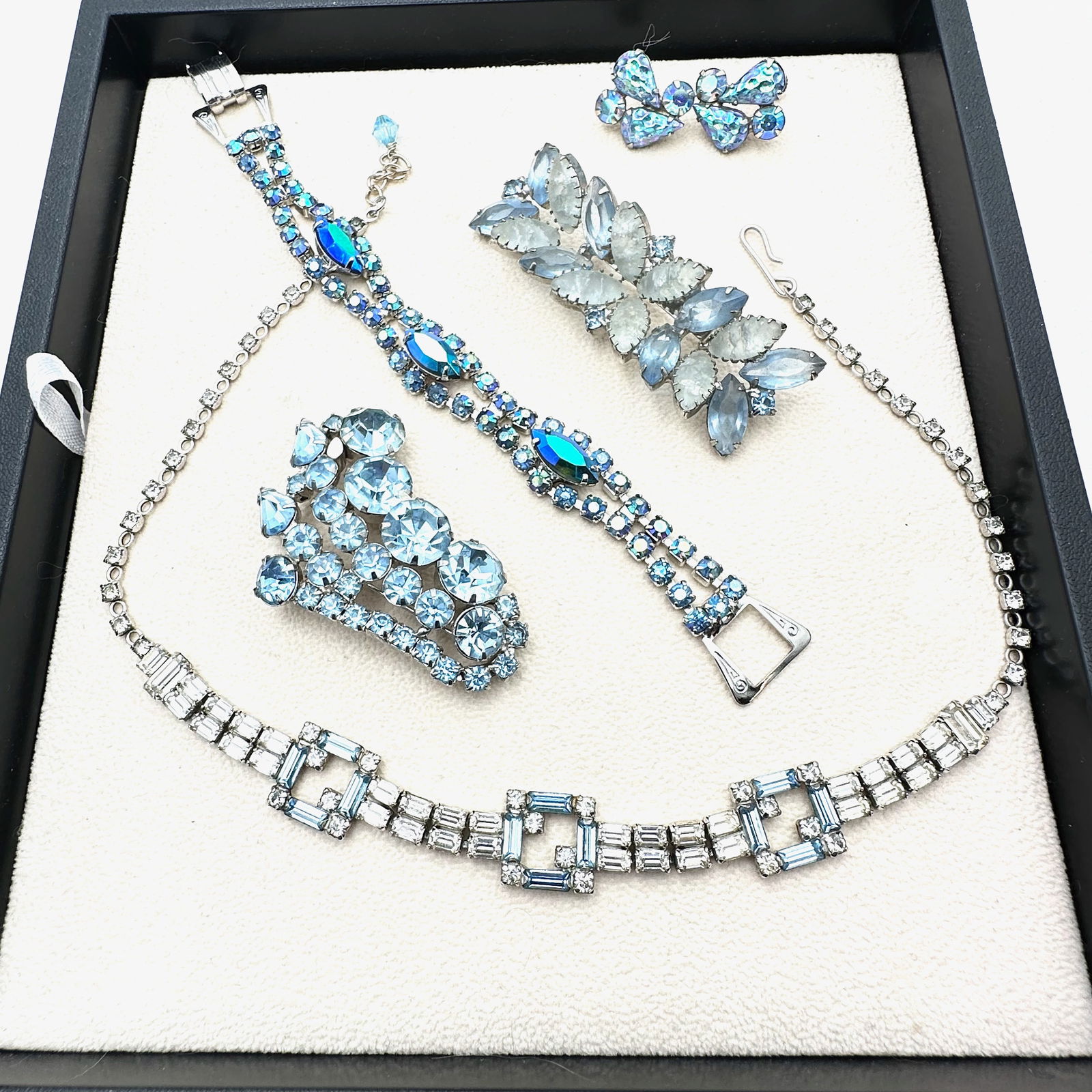 Vintage Blue Rhinestone Jewelry Group Silver Tone Necklace Brooches Earrings Bracelet (1 of 2)
