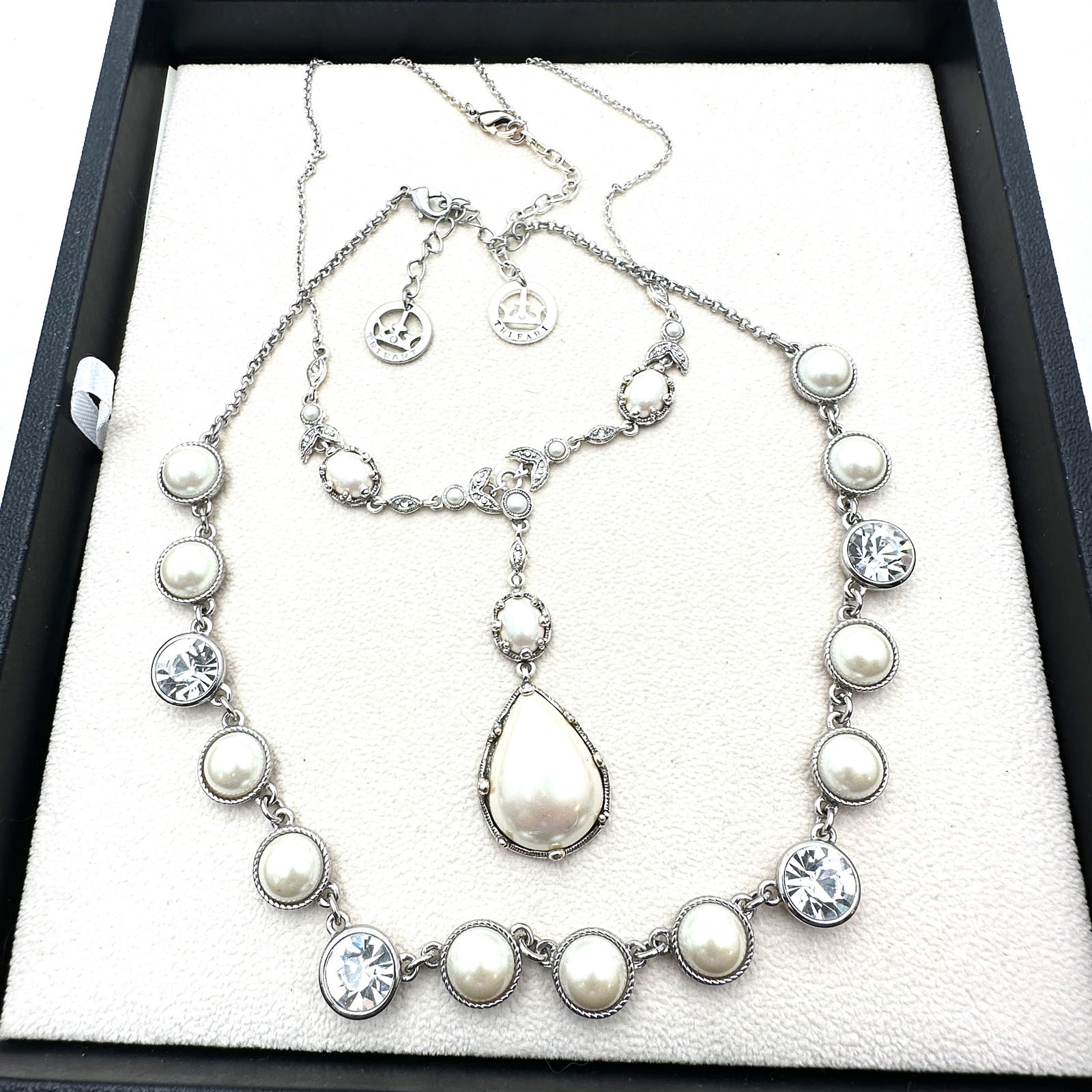 Vintage Group of Two Trifari Silver Tone Rhinestone Faux Pearl Necklaces: Vintage Group of Two Trifari Silver Tone Rhinestone Faux Pearl Necklaces