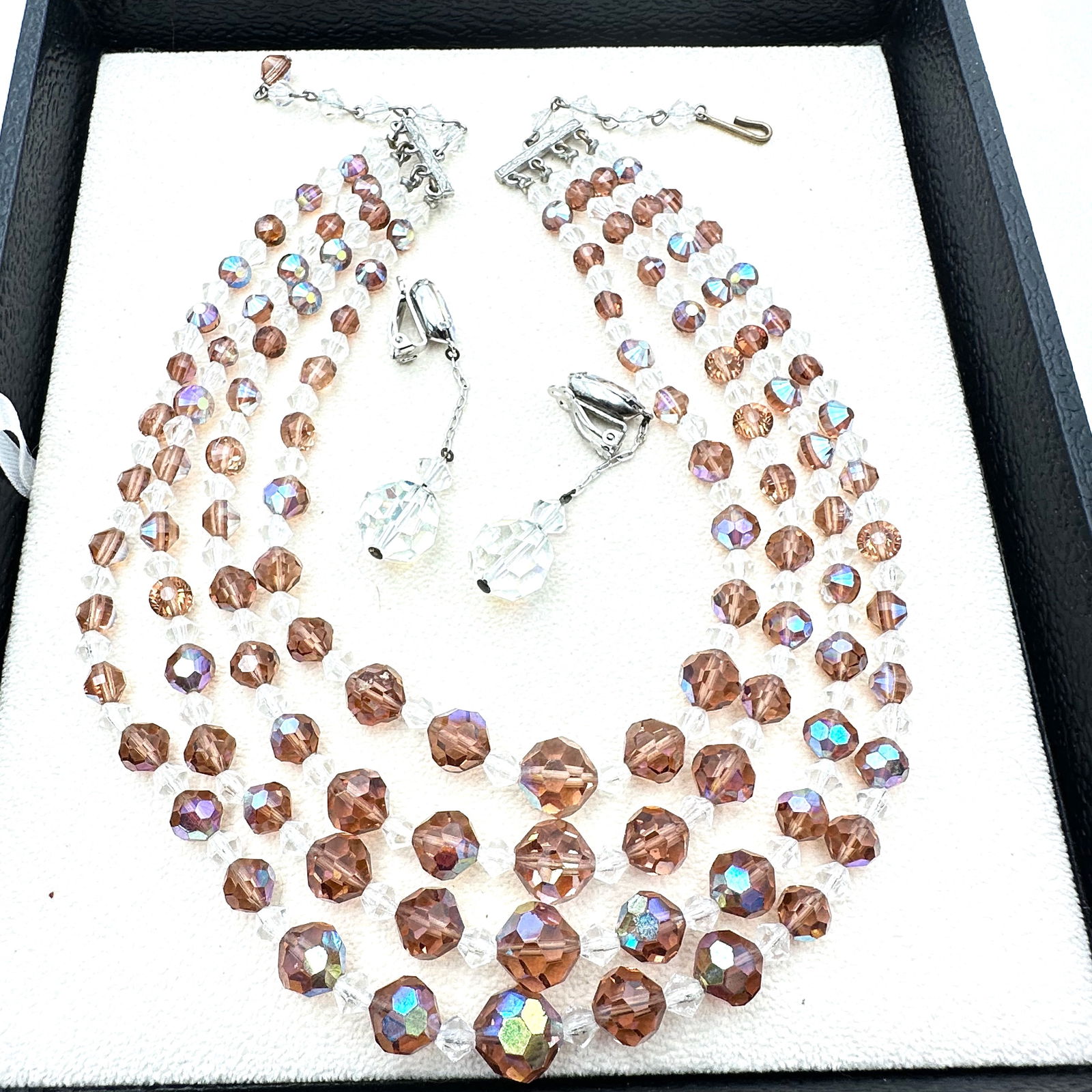 Vintage Four Strand Crystal Bead Necklace Coordinating Clip Silver Tone Earrings: Vintage Four Strand Crystal Bead Necklace Coordinating Clip Silver Tone Earrings