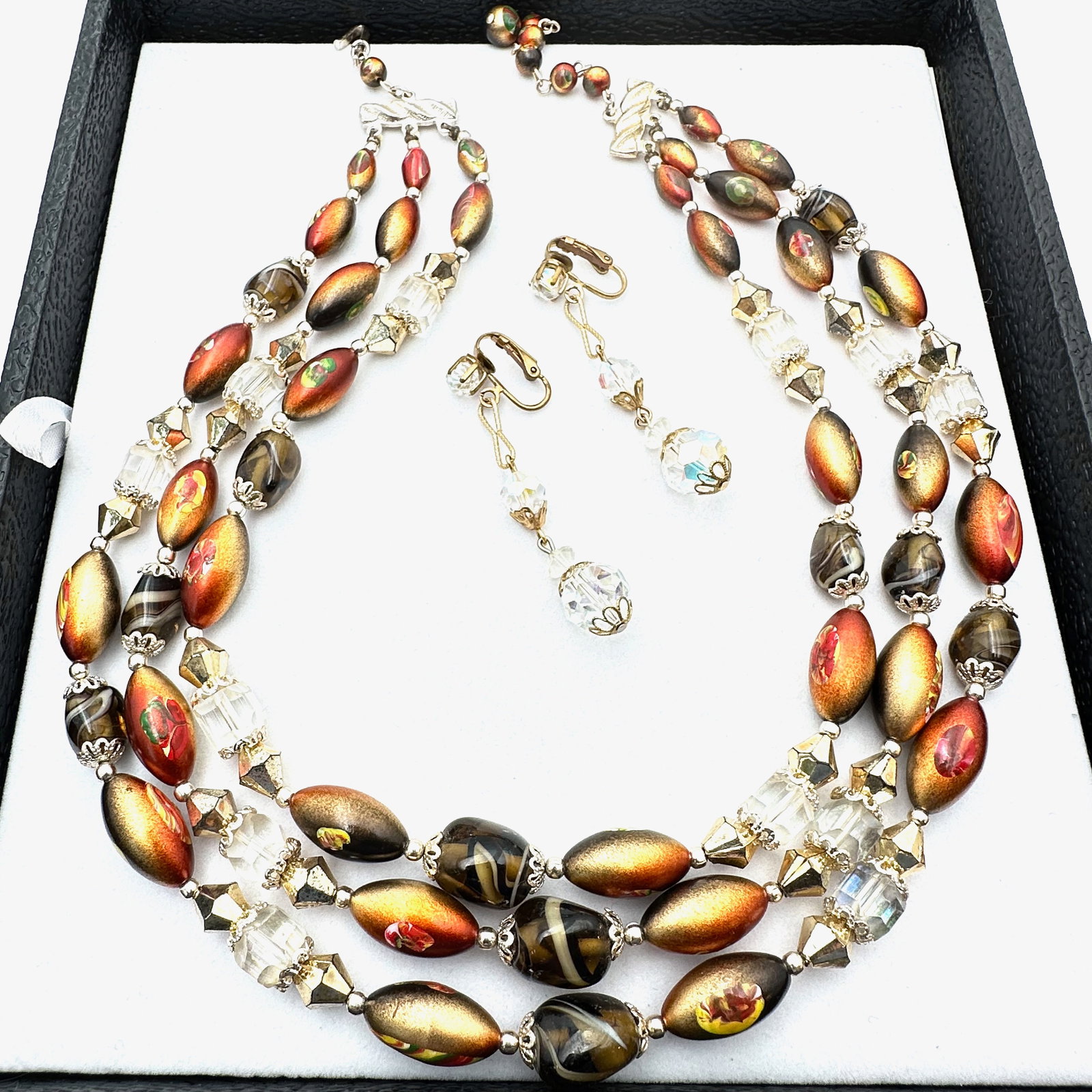 Vintage Retro Amber Range Clear Crystal Necklace Gold Tone Earrings: Vintage Retro Amber Range Clear Crystal Necklace Gold Tone Earrings
