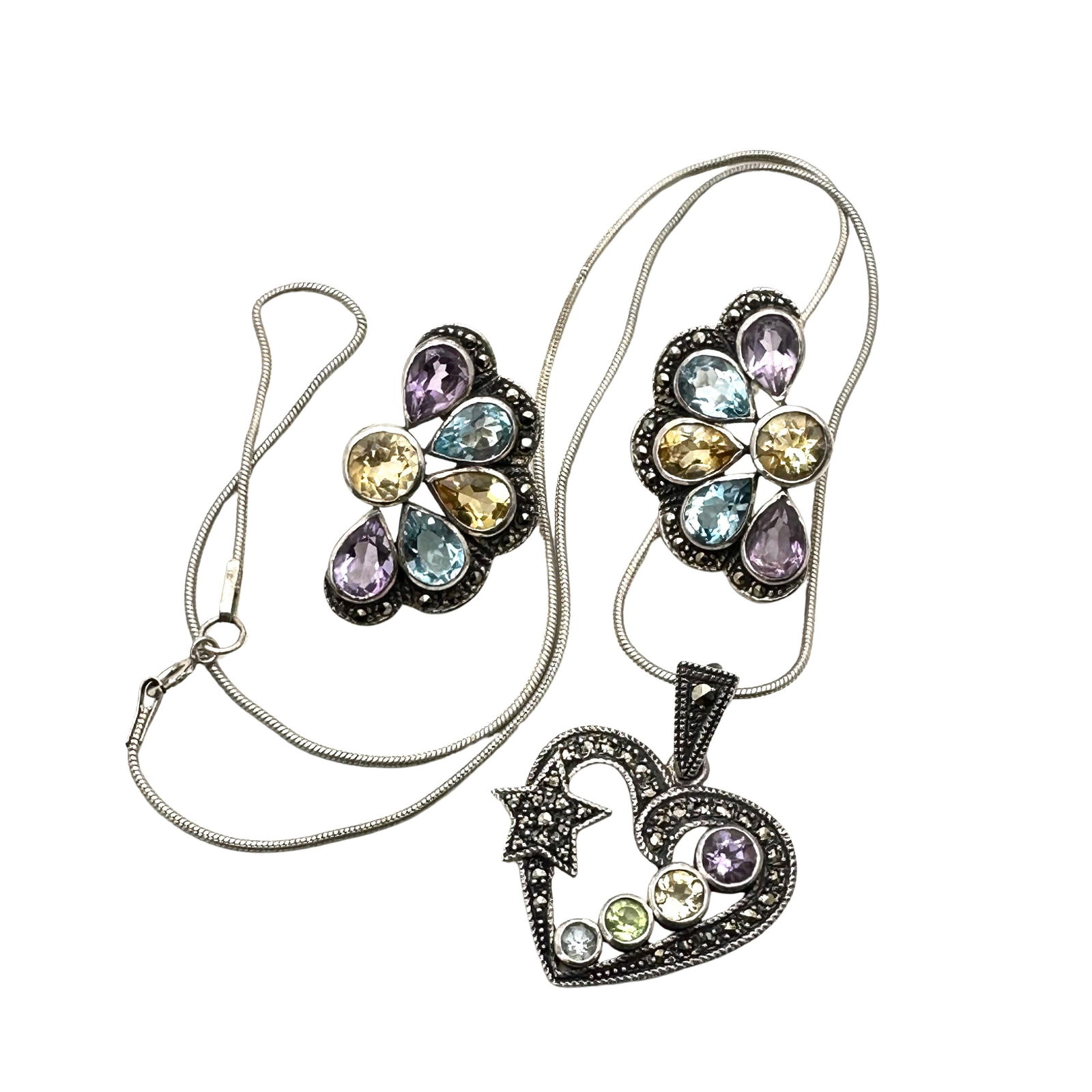 Multi Gemstone Marcasite Pendant Necklace & Earrings 18 Inch Chain Pierced Earrings 19 grams (1 of 2)