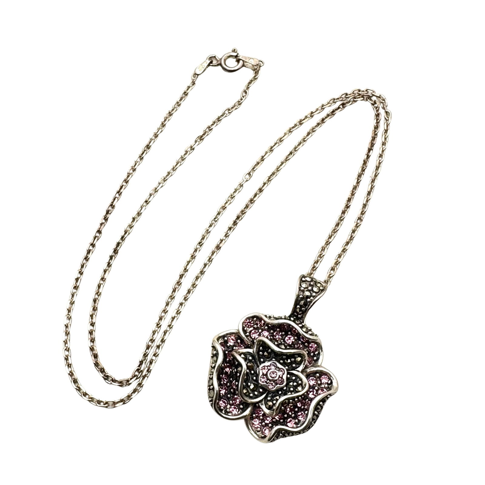 Marcasite Pink Gemstone Flower Pendant Sterling Silver Necklace 20 Inch Chain 13 Grams (1 of 3)