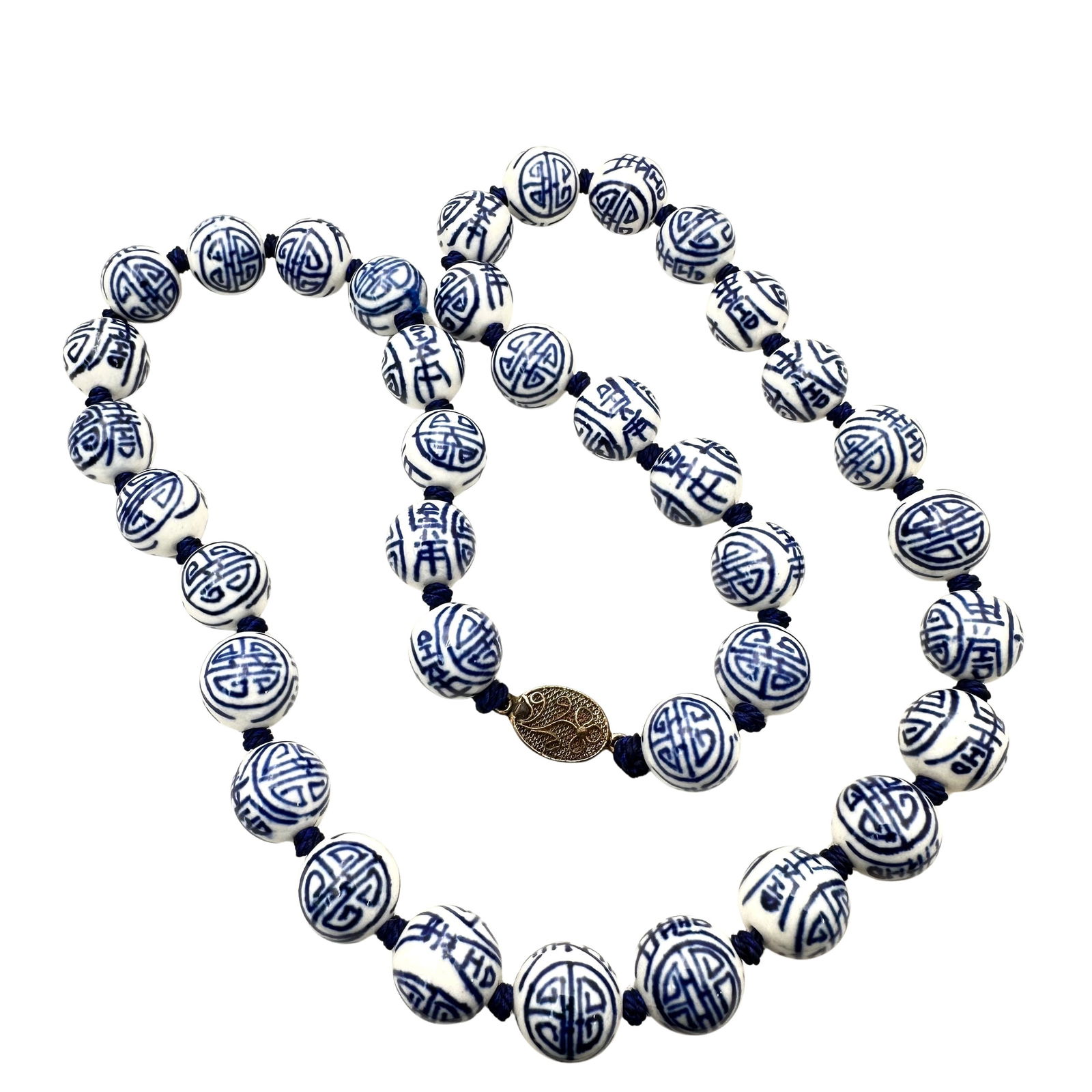 Vintage Chinese Export Blue White Porcelain Bead Necklace Sterling Clasp 22 Inch (1 of 3)