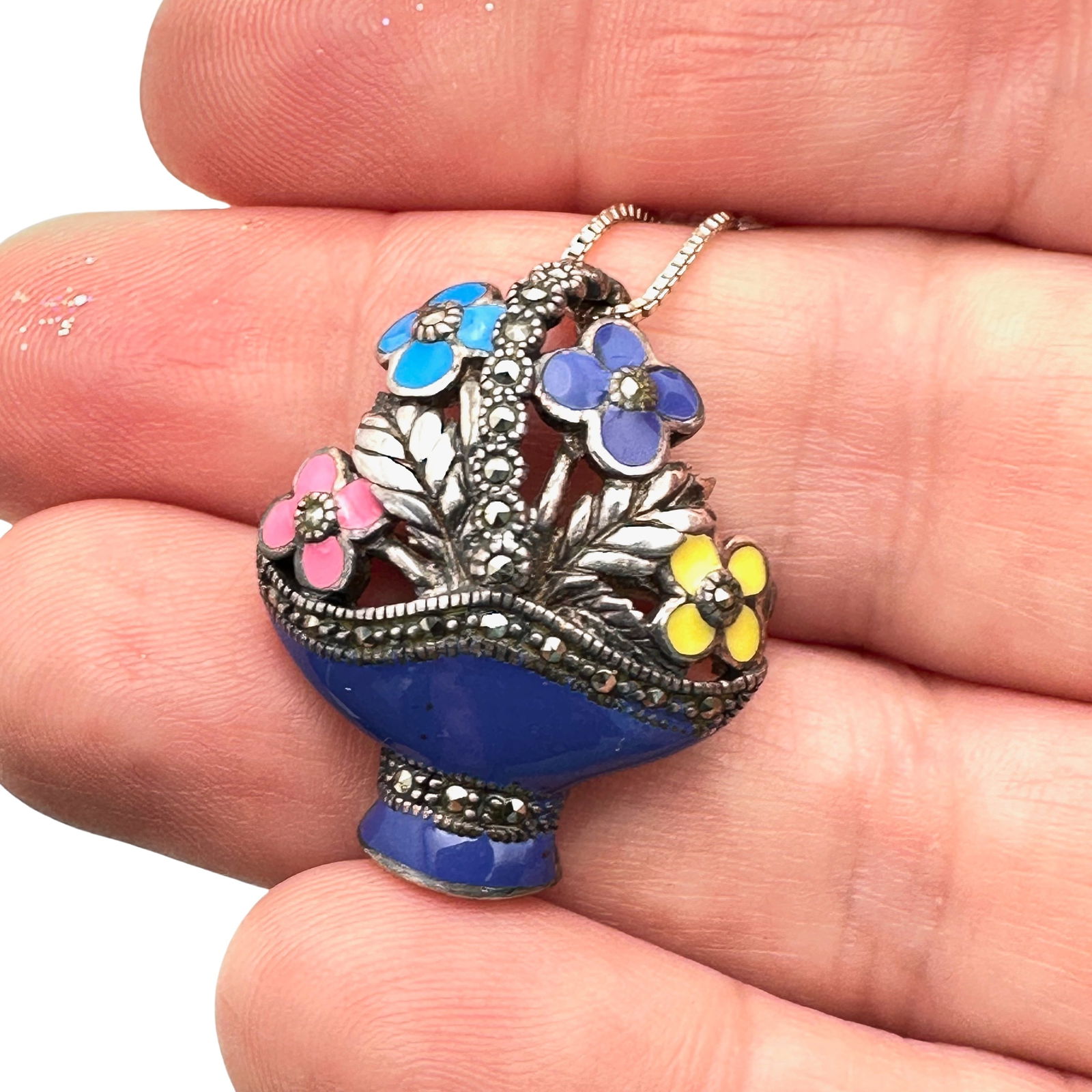 Marcasite Enamel Flower Basket Pendant Sterling Silver Necklace 16 Inch Chain 1 Inch Pendant: Marcasite Enamel Flower Basket Pendant Sterling Silver Necklace 16 Inch Chain 1 Inch Pendant
