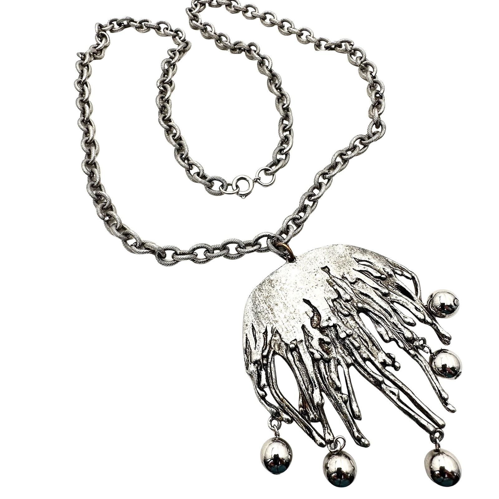 Vintage Brutalist Silver Tone Pendant Necklace 30 Inch Chain 3 Inch Pendant (1 of 3)