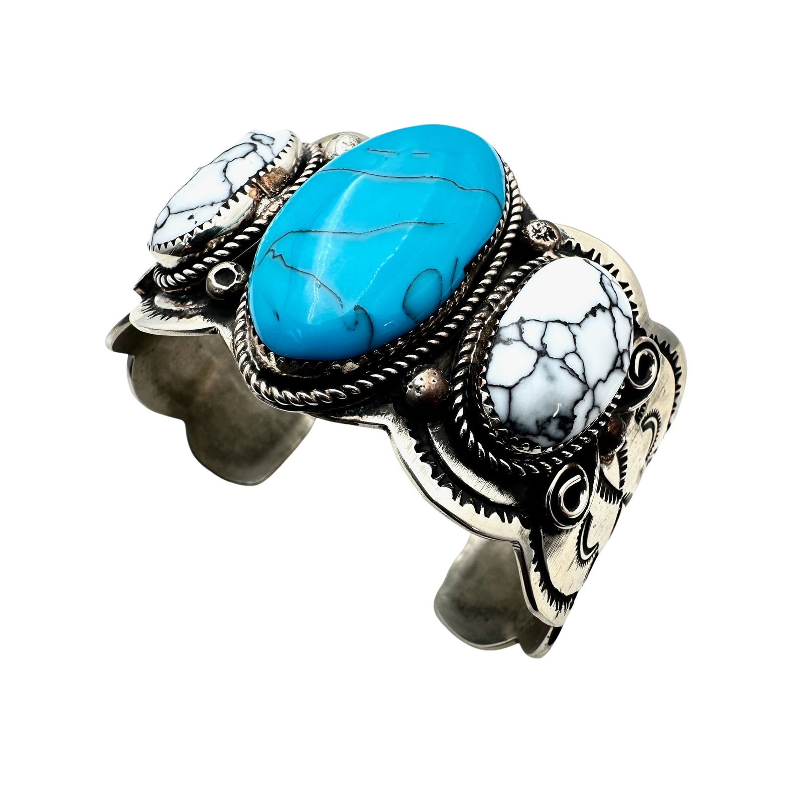 Native American Albert Cleveland Sterling Silver Bracelet Turquoise White Buffalo 83 Grams 7 Inch (1 of 3)