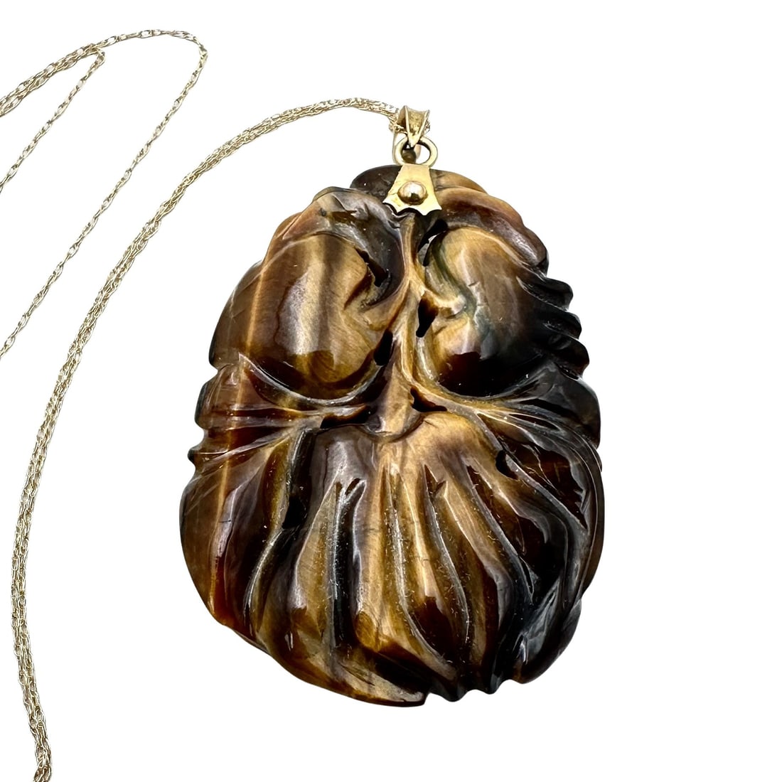 14K Gold Chinese Carved Tigers Eye Pendant Necklace 18 Inch Chain 2 Inch Pendant 17 Grams (1 of 3)