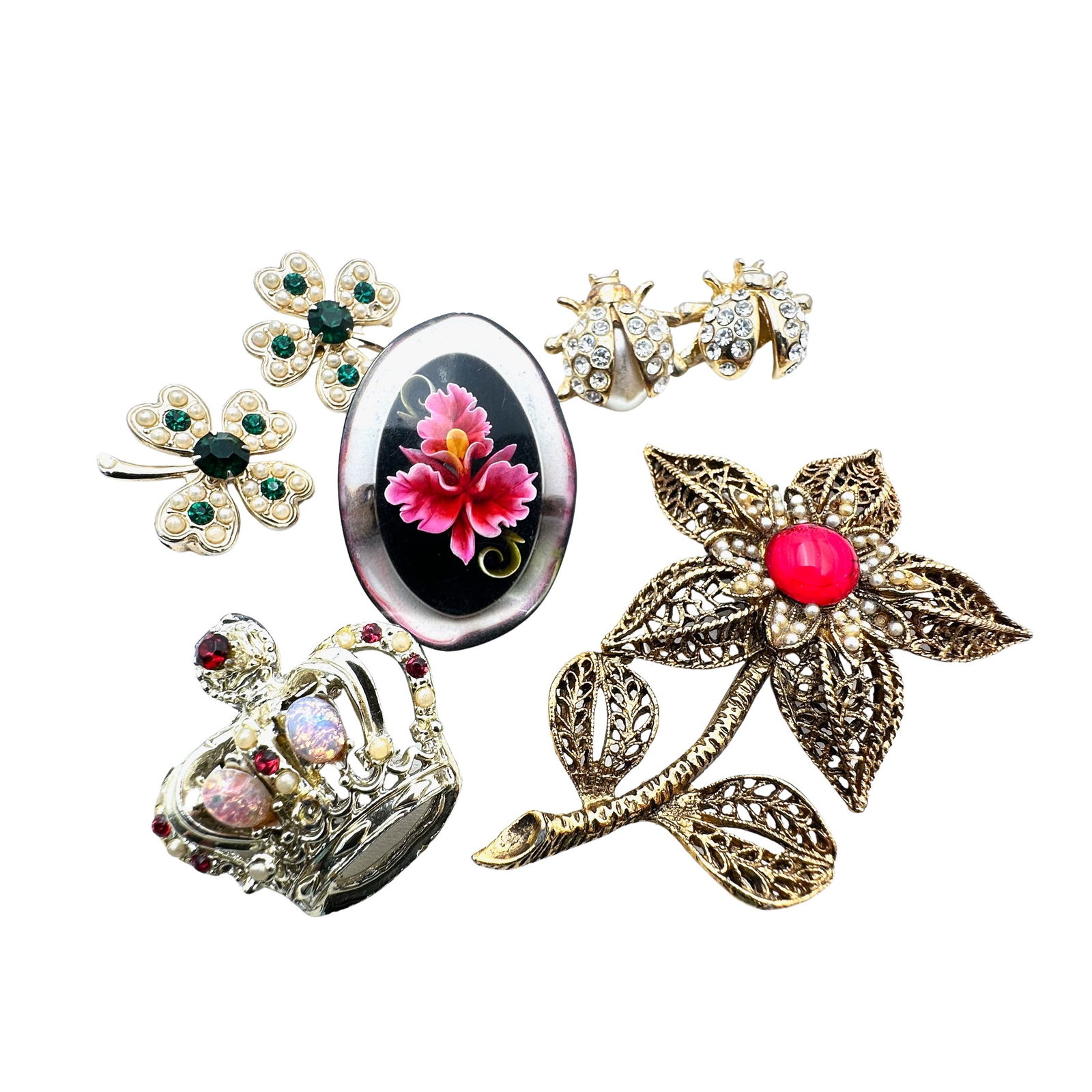 Vintage Group of Flower Rhinestone Brooches Pins Crown Bug 4 Leaf Clover: Vintage Group of Flower Rhinestone Brooches Pins Crown Bug 4 Leaf Clover