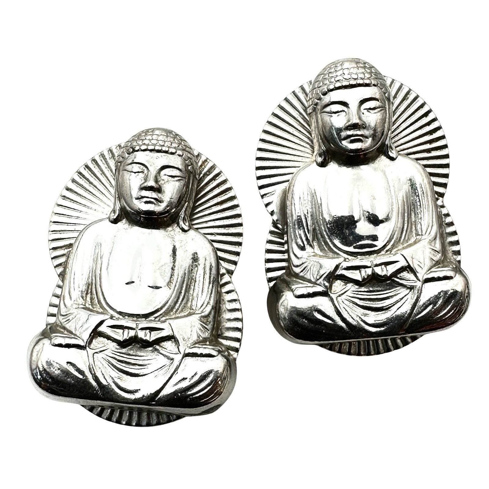 Vintage Asian Design Buddha 2 Inch Silver Tone Clip Earrings: Vintage Asian Design Buddha 2 Inch Silver Tone Clip Earrings