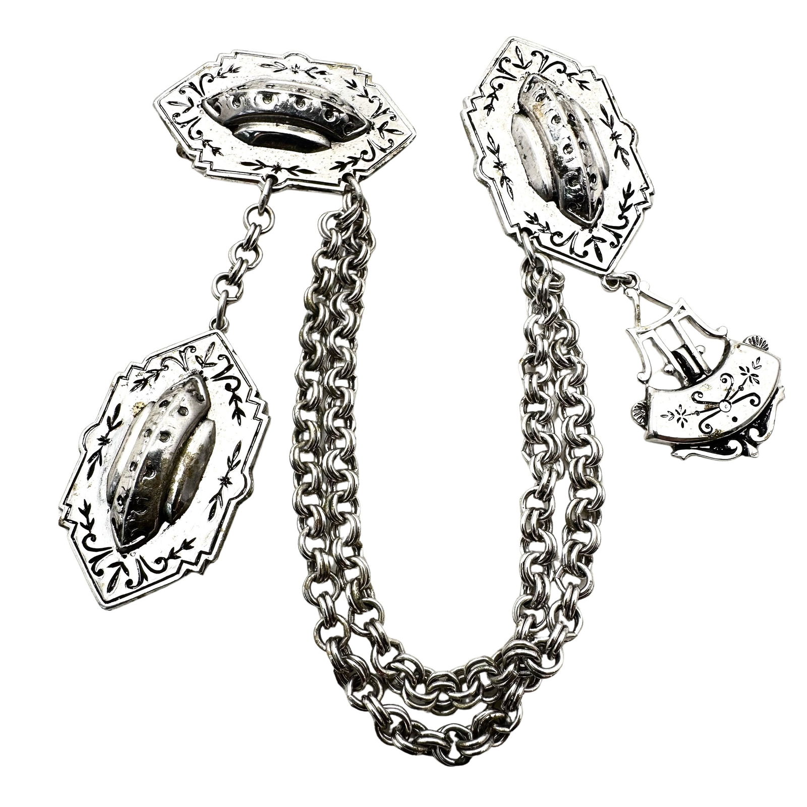 Vintage Silver Tone Fur Clips Chatelaine: Vintage Silver Tone Fur Clips Chatelaine