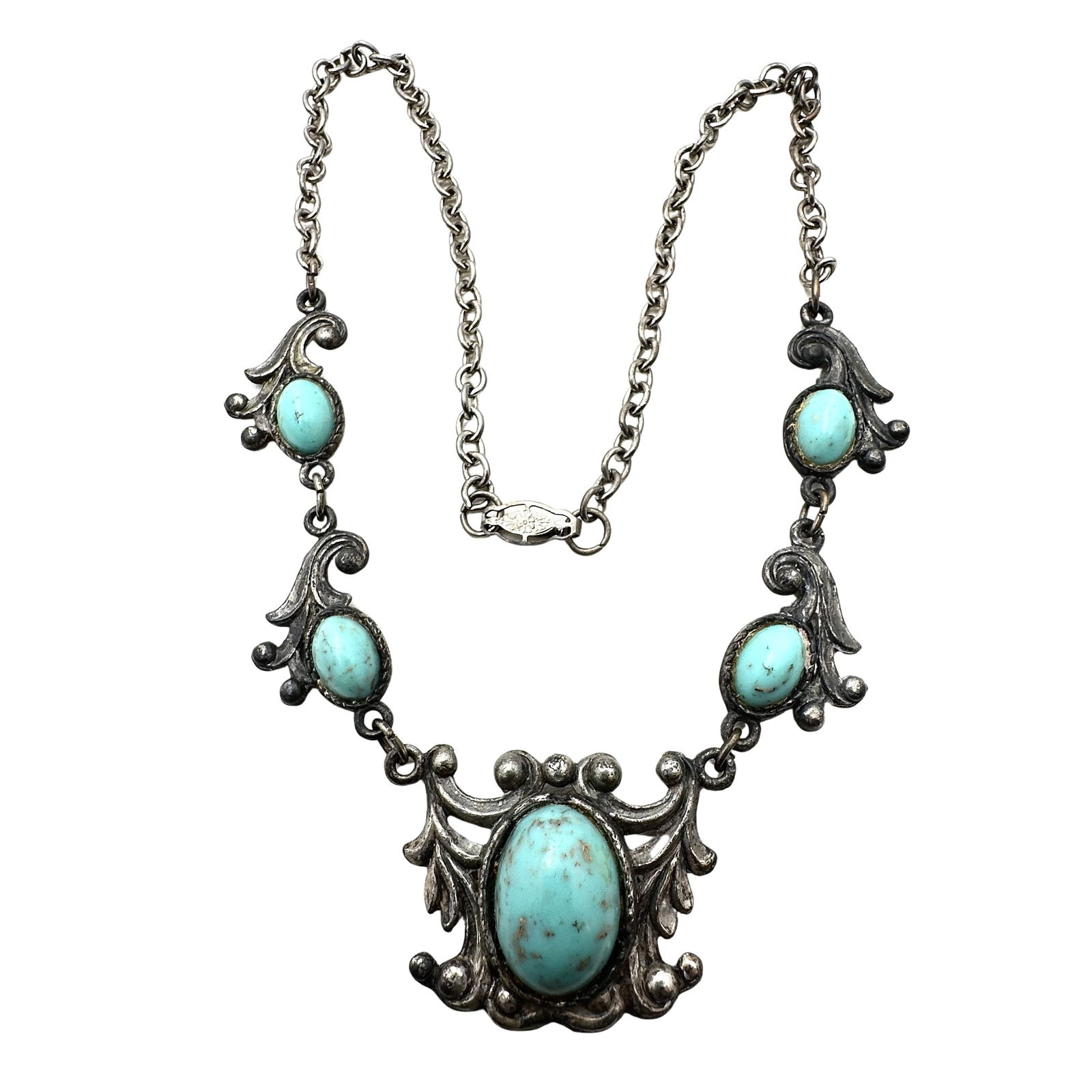 Vintage Antique Older Silver Tone Faux Turquoise Necklace 16 Inch (1 of 4)