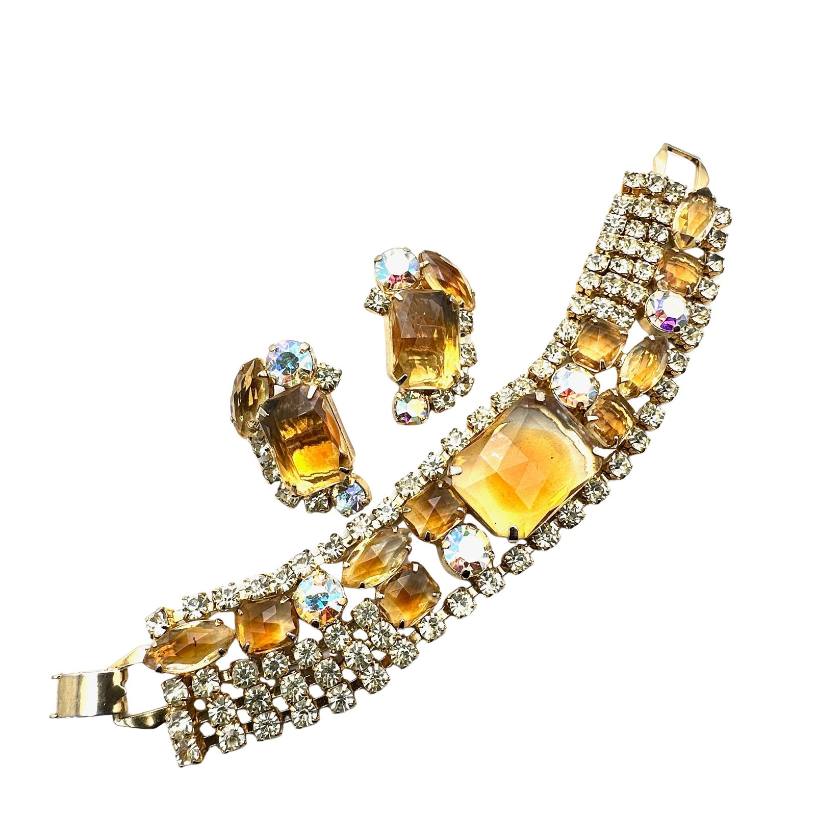 Vintage High End Amber Givre Yellow Glass Rhinestone Bracelet Clip Earrings Gold Tone: Vintage High End Amber Givre Yellow Glass Rhinestone Bracelet Clip Earrings Gold Tone