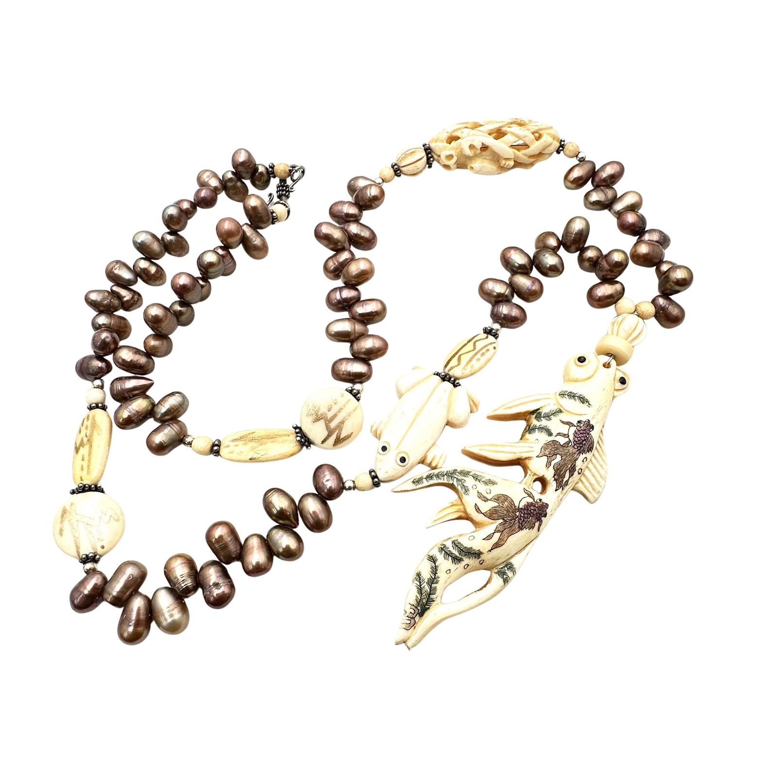 Vintage Asian Carved Koi Fish Frog Pearl Necklace Excellent Preowned Condition (1 of 2)