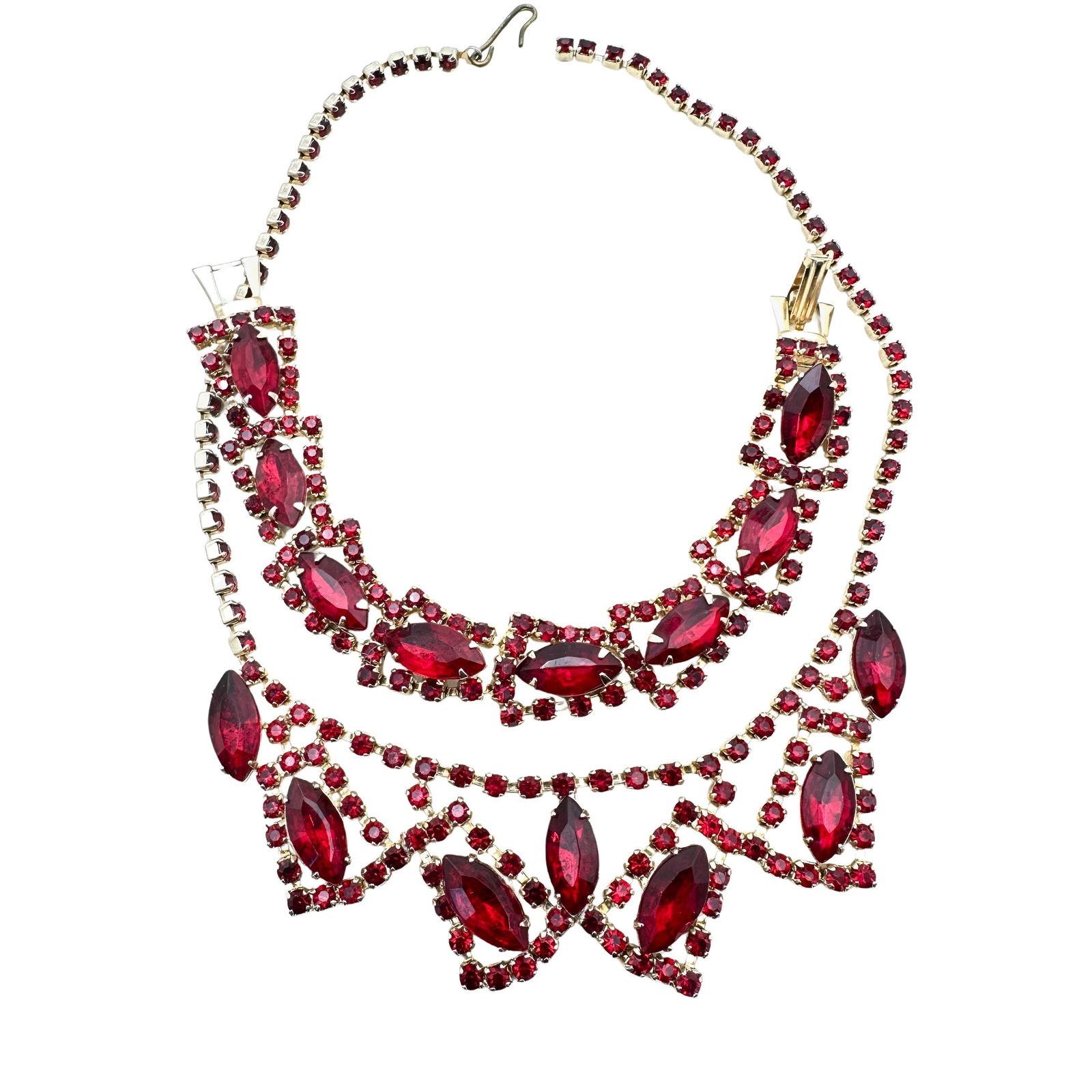 Vintage Red Glass Rhinestone Gold Tone Necklace Bracelet Set High End (1 of 3)