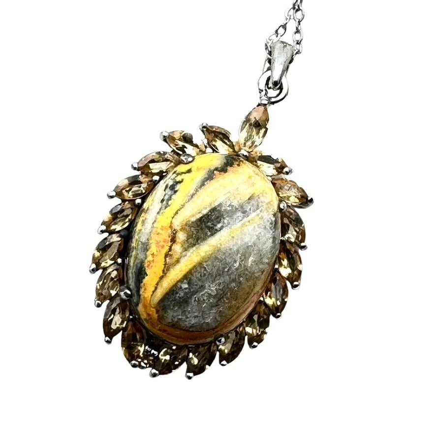 New Old Stock Bumble Bee Jasper Citrine Sterling Silver Pendant Necklace 18 Inch 6 Grams Original (1 of 3)