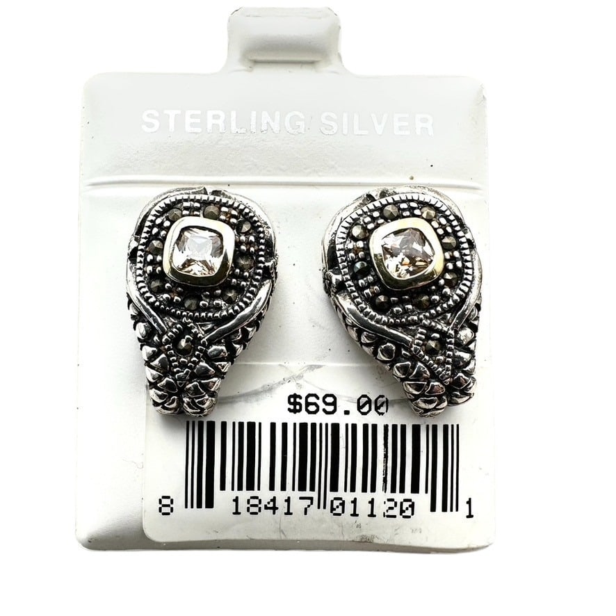 New Old Stock Marcasite Yellow Stone Sterling Silver Pierced Earrings 3/4 Inch Original Card: New Old Stock Marcasite Yellow Stone Sterling Silver Pierced Earrings 3/4 Inch Original Card