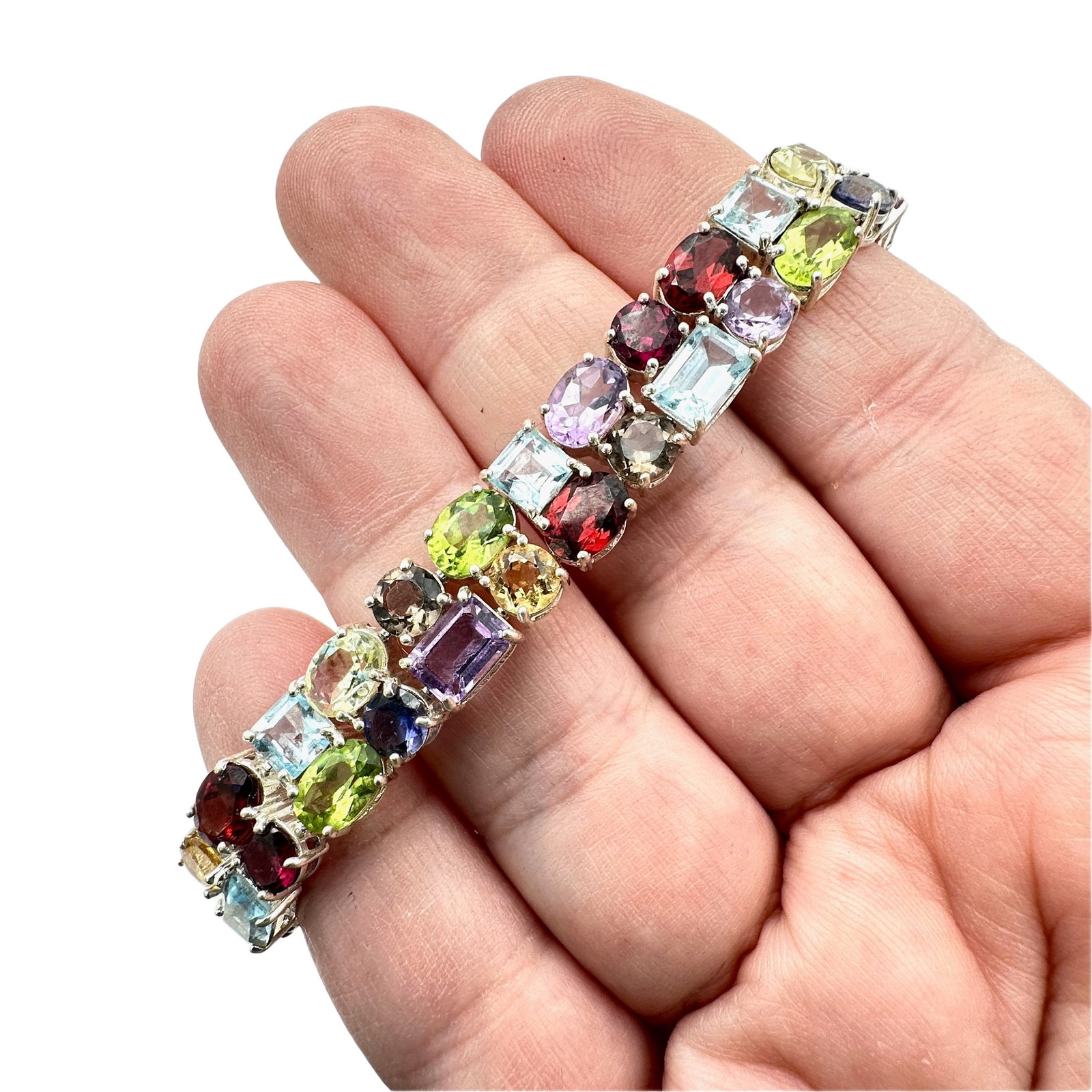 Multi Gemstone Sterling Silver Wide Tennis Style Bracelet 8 Inch Length 26 Grams: Multi Gemstone Sterling Silver Wide Tennis Style Bracelet 8 Inch Length 26 Grams