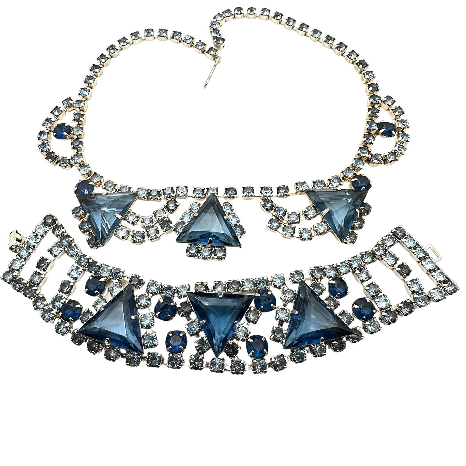 Vintage High End Blue Triangle Glass Rhinestone Necklace Bracelet Silver Tone Set: Vintage High End Blue Triangle Glass Rhinestone Necklace Bracelet Silver Tone Set