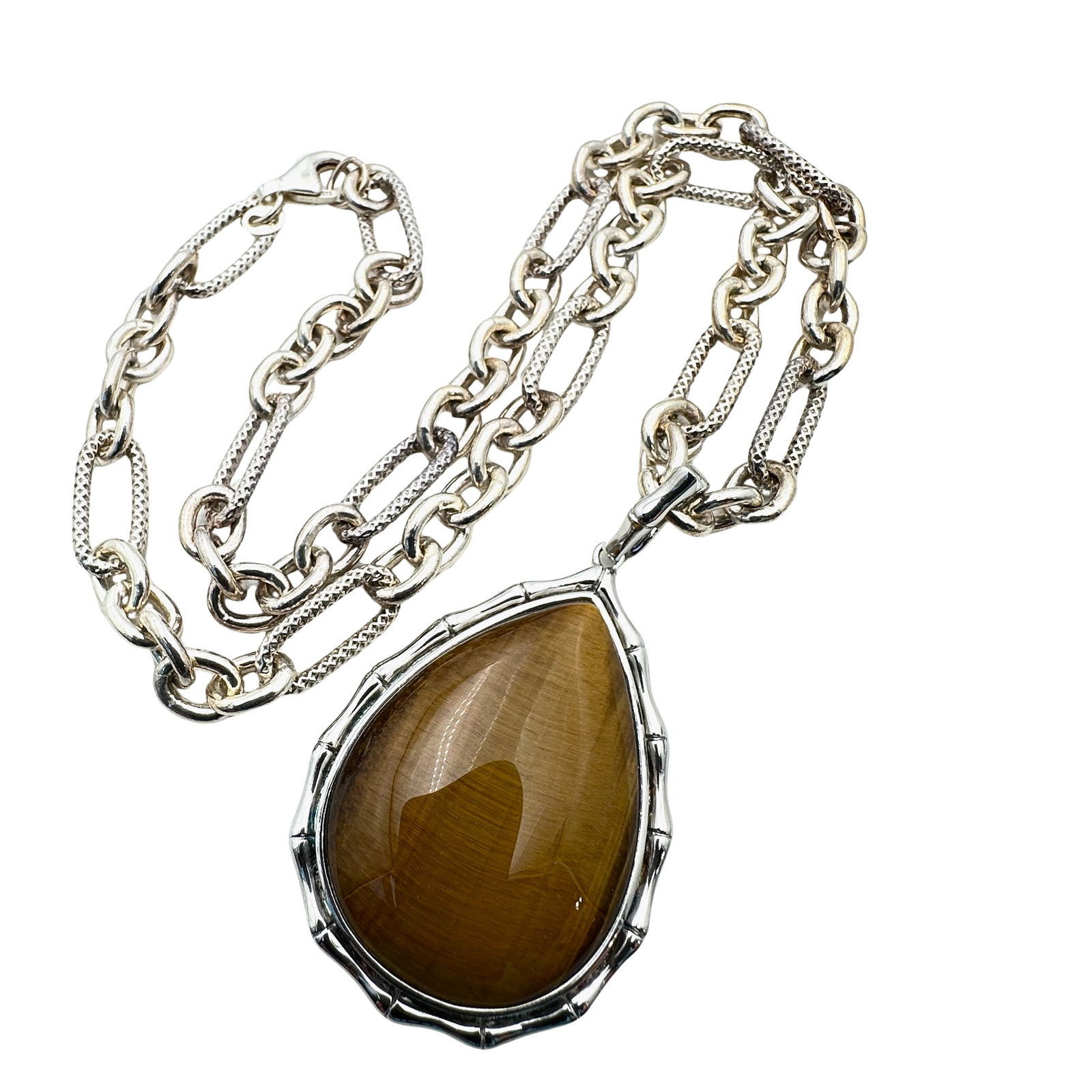 Sterling Silver Tiger Eye Pendant Fancy Chain Necklace 49 Grams 18 Inch Chain (1 of 2)