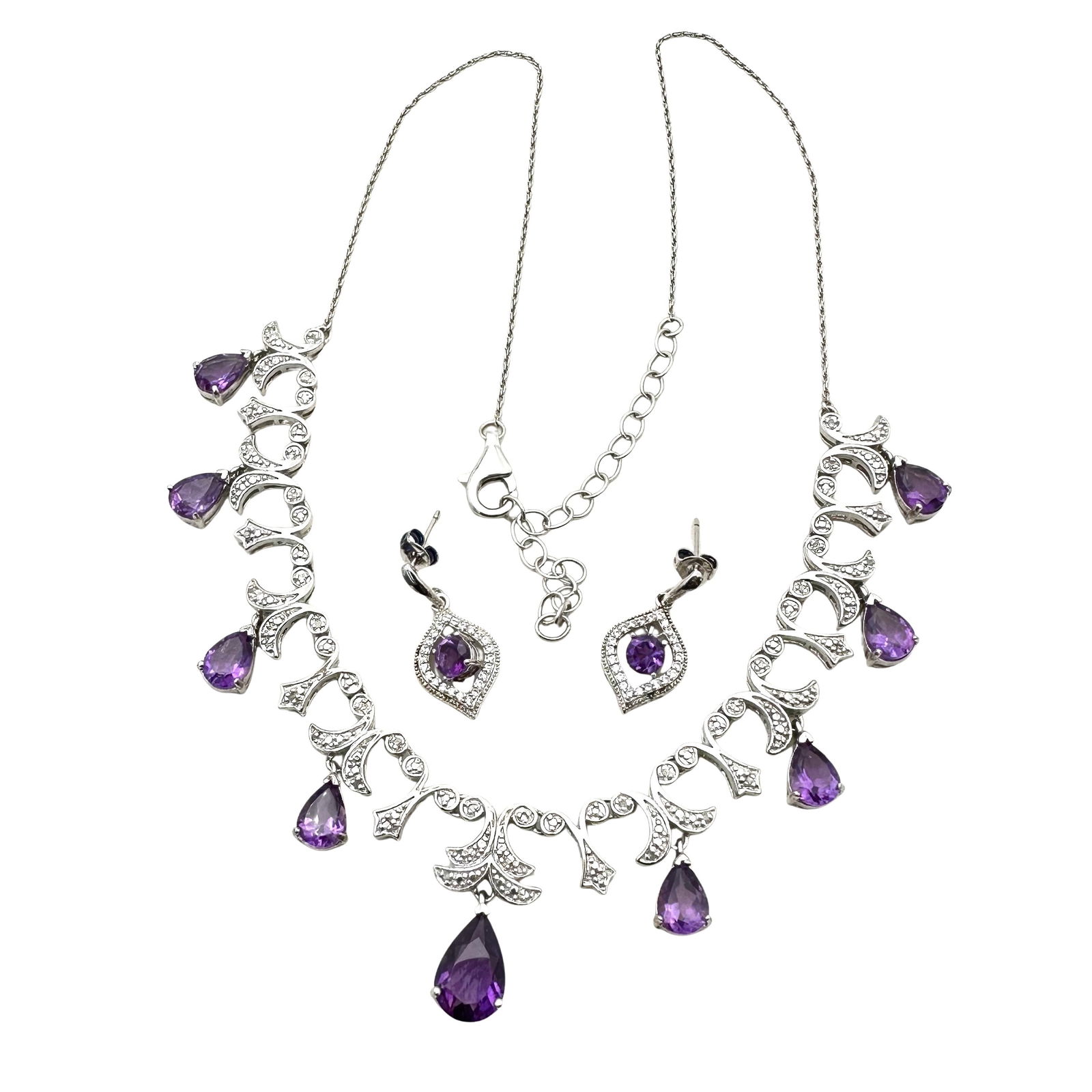 Diamond Amethyst Sterling Silver Necklace Earrings Set Stunning in Person Excellent Condition (1 of 2)