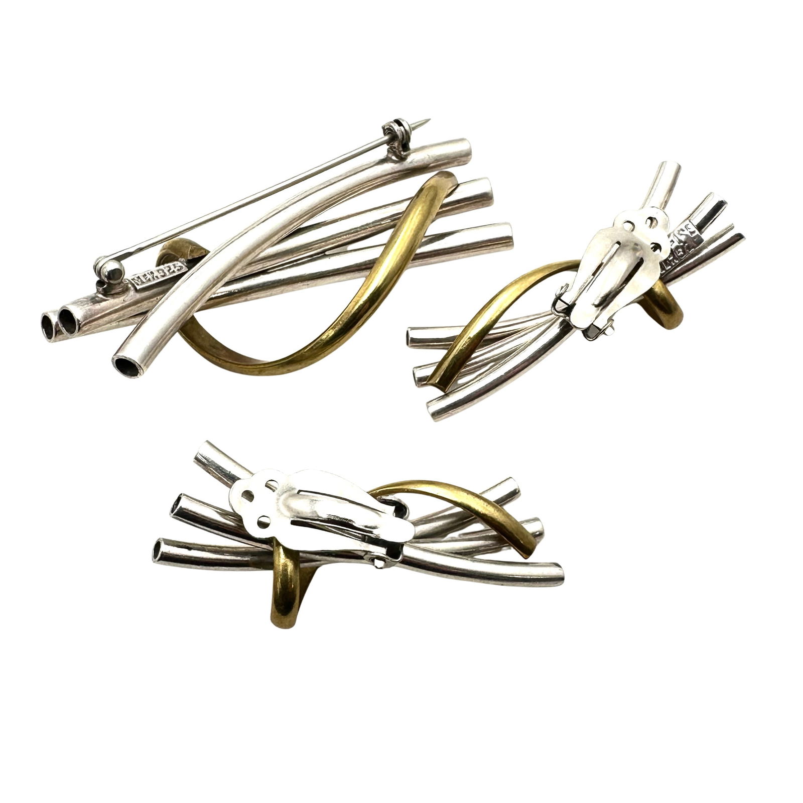 Vintage Taxco Mexico Sterling Silver Brass Brooch Pin Clip Earrings Set 40 Grams (1 of 2)