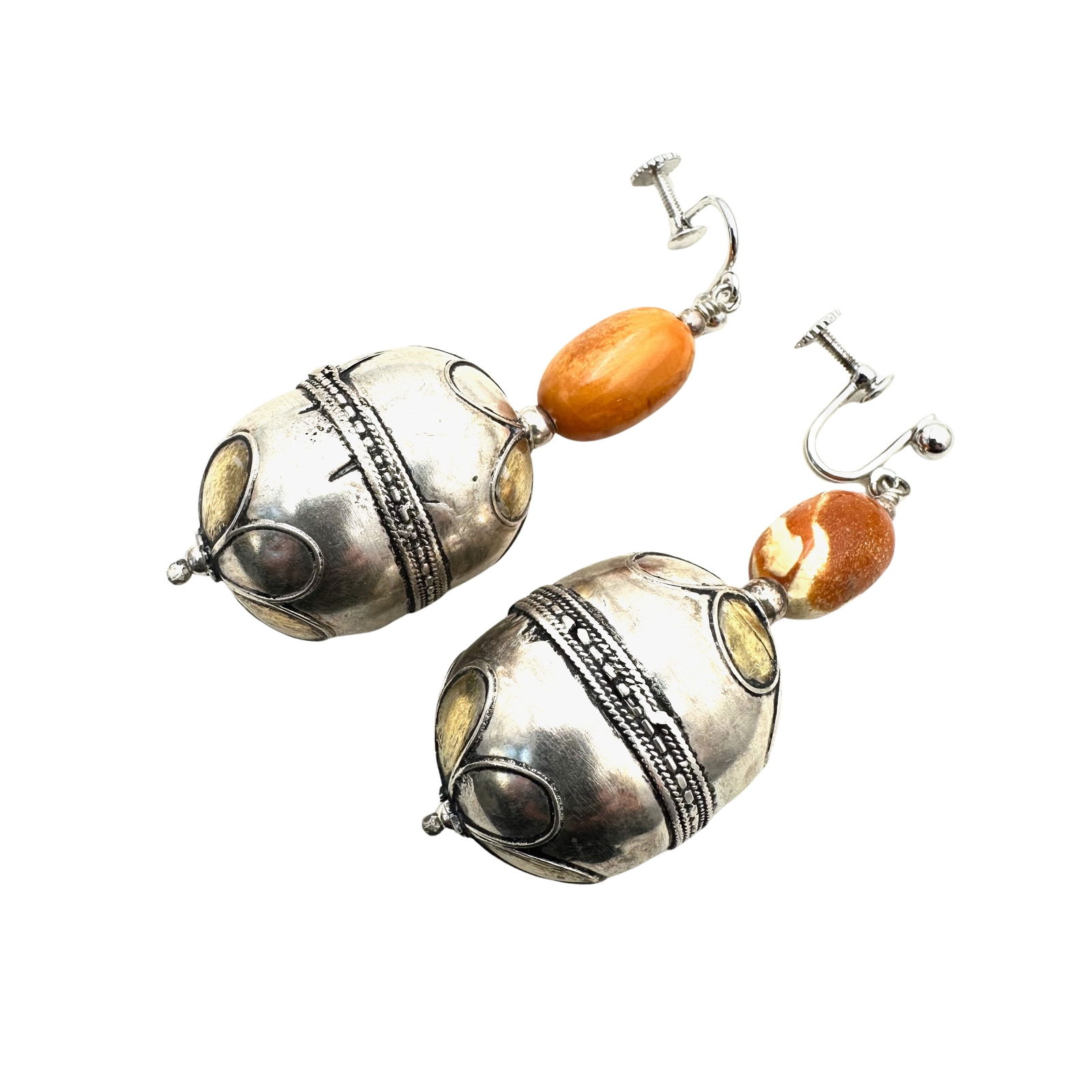 Vintage Older Ethnic Sterling Silver Mixed Metal Amber Chandelier Screw Back Earrings 2.5 Inch (1 of 2)