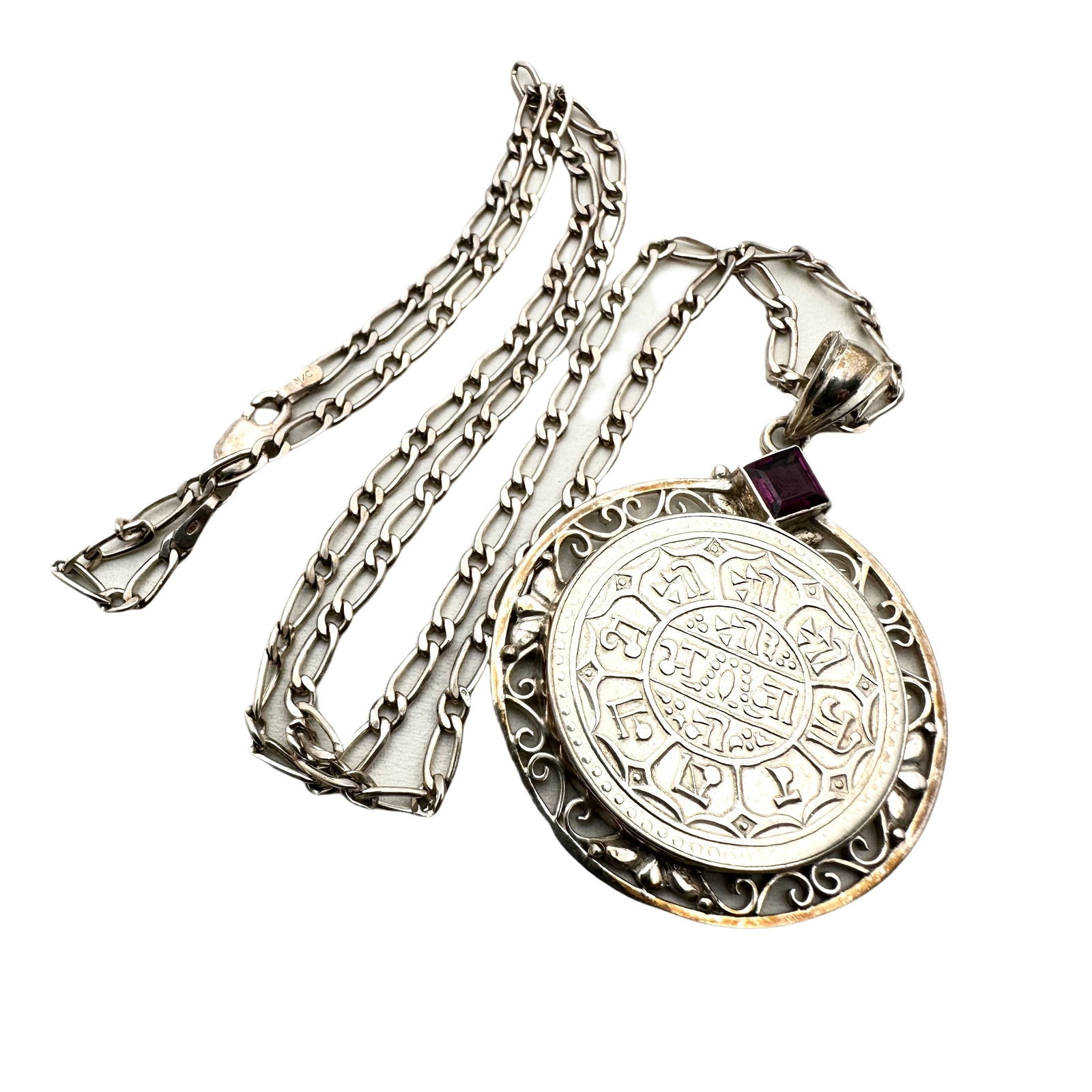 Sterling Silver Garnet Foreign Coin Pendant Necklace 18 Grams 19 Inch Chain 2 Inch Pendant (1 of 2)
